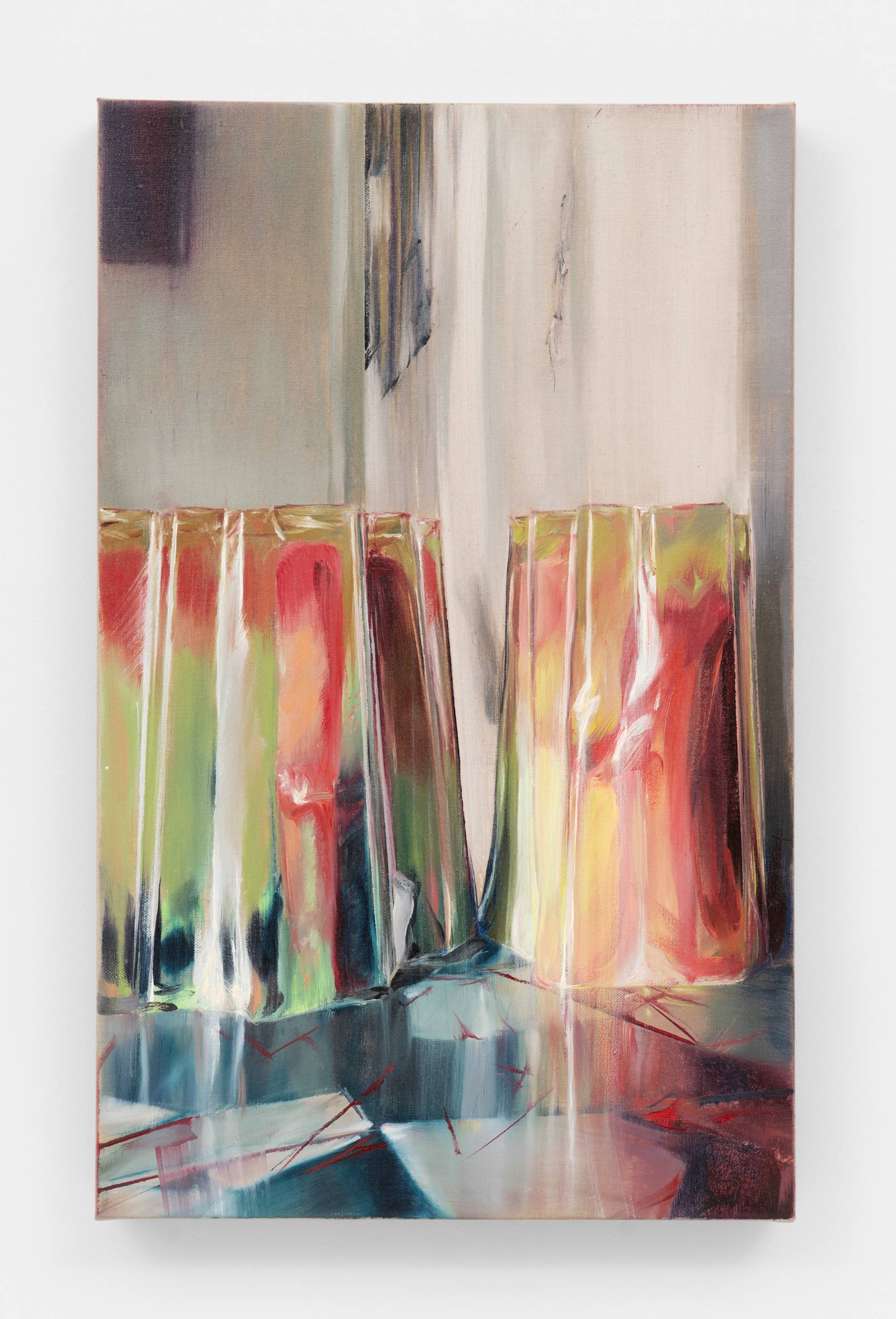 An abstract painting featuring a gelatinous desert sitting on a tiled floor.