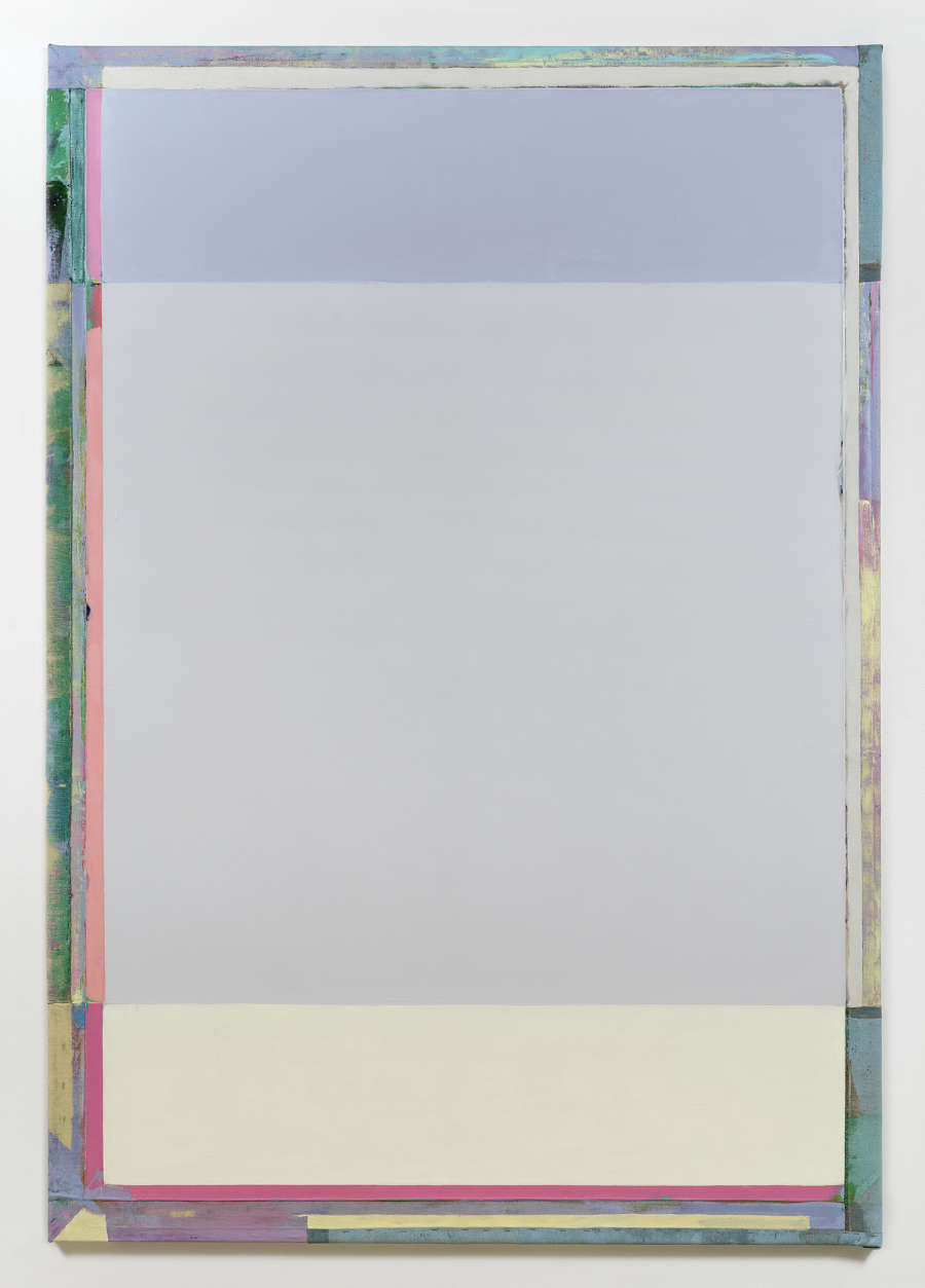 A large, vertical abstract painting with three prominently isolated rectangular blocks of color. The dominant colors are shades of pale-purple and a warm white. There is a partially border painted in greens and pinks. The paint is thick and rough. 