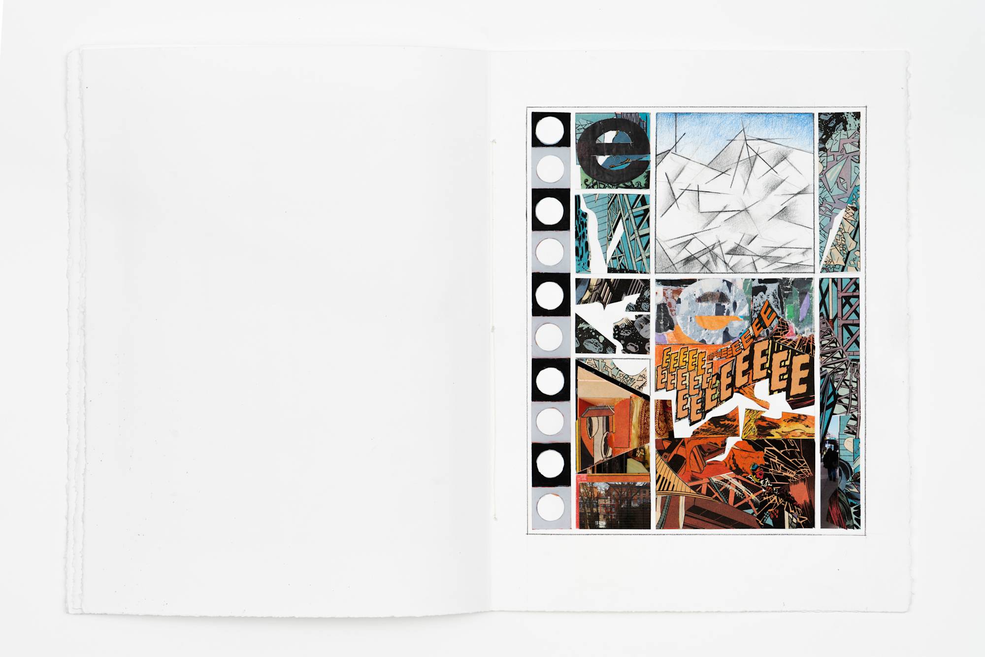 Photographed from above, an artist book spread open to a page containing a series of colored pencil drawings, collaged comic books graphics, and slivers of photographs.