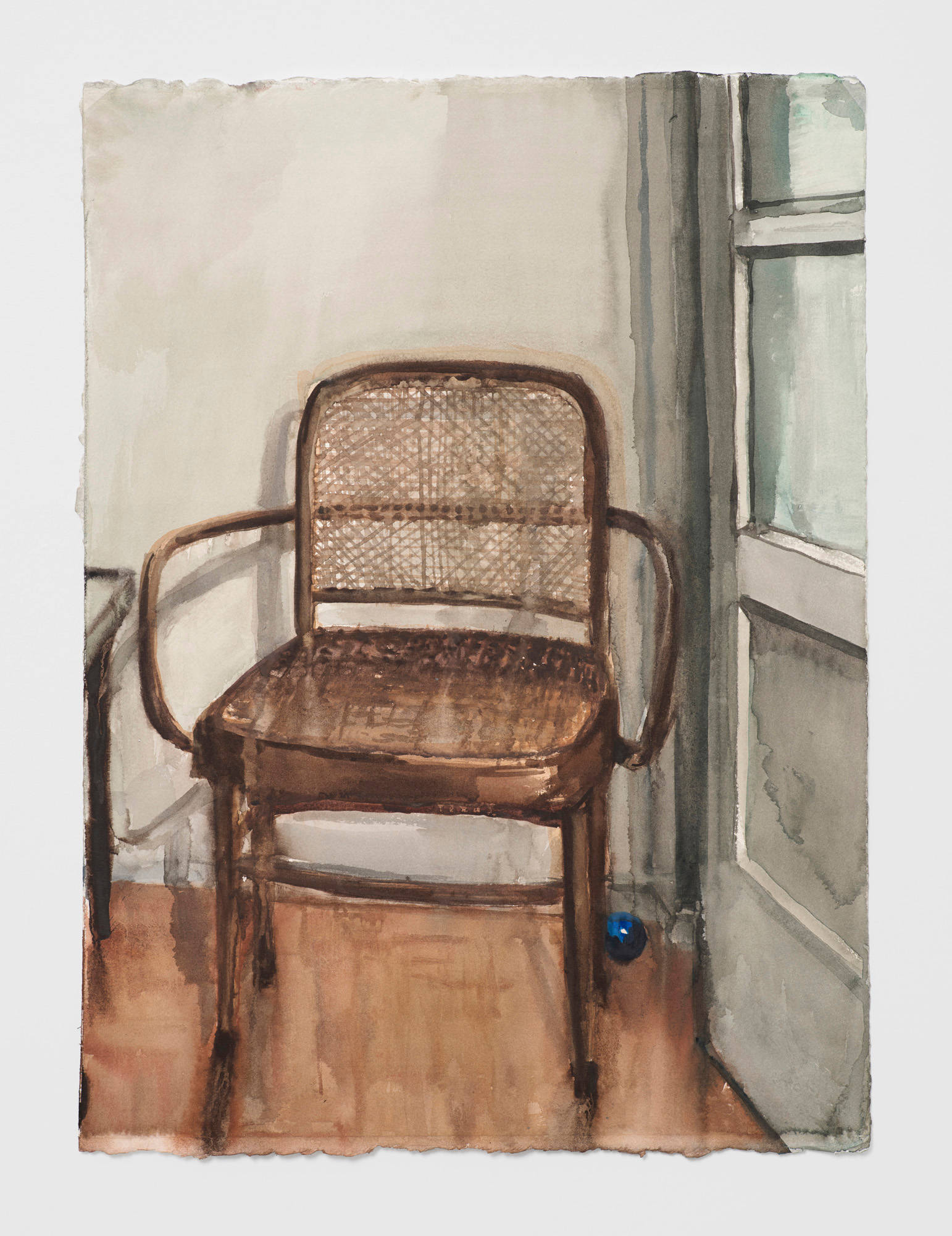 A watercolor on paper depicts a wicker chair in the corner of a room. There is a window to the right of it. A blue ball sits alone under the chair.