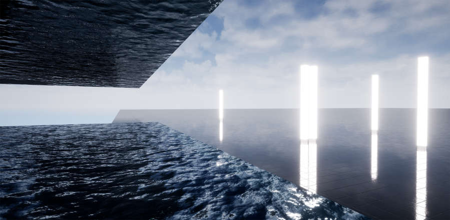 Digital image of a planes of water and sky, columns and light dot the right hand side, reflecting on another plane of dark panel flooring, also reflecting the cloudy sky.