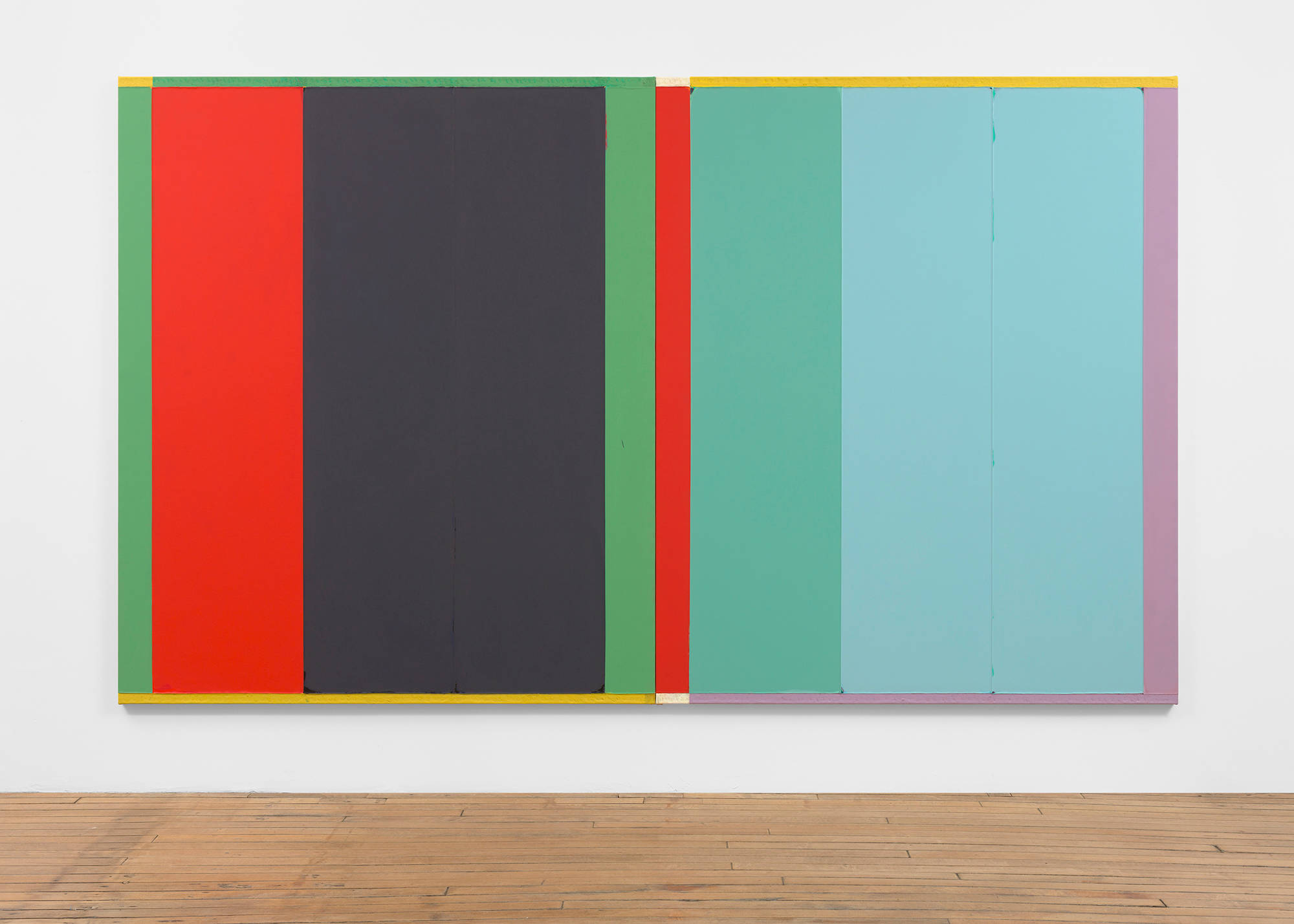 A large abstract painting depicting numbers horizontal bands of color in a range of reds, violets, blacks, and blues.