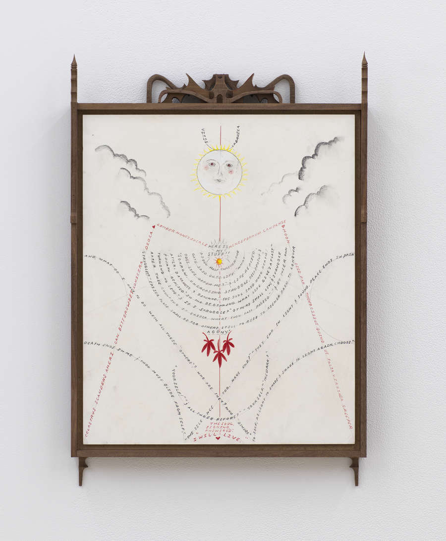 Image of Harry Gould Harvey IV drawing framed in foraged walnut wood, depicting lines of text forming a simplified stick figure with a radiant sun as a head and clouds appearing behind it, with pieces of carved walnut attached to the top and bottom of the frame.