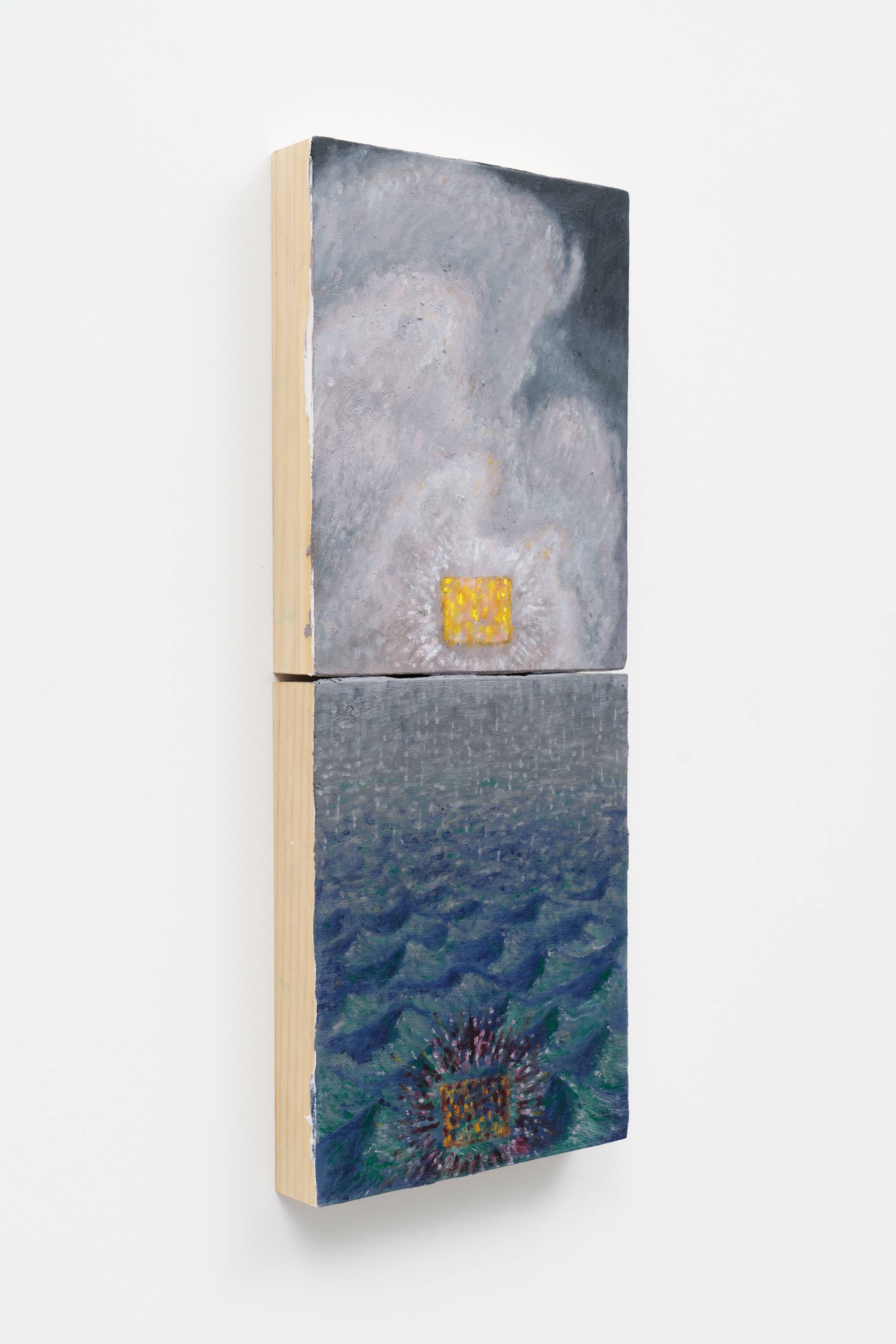 Side view of a small, narrow, blue, vertical landscape diptych. The top painting depicts flowy clouds over a dark sky. A gold box emanating rays of white light sits at the center of the bottom of the frame. The bottom painting depicts choppy ocean waves. A orange and purple box emanating rays of white and purple light sits at the center of the bottom of the frame.