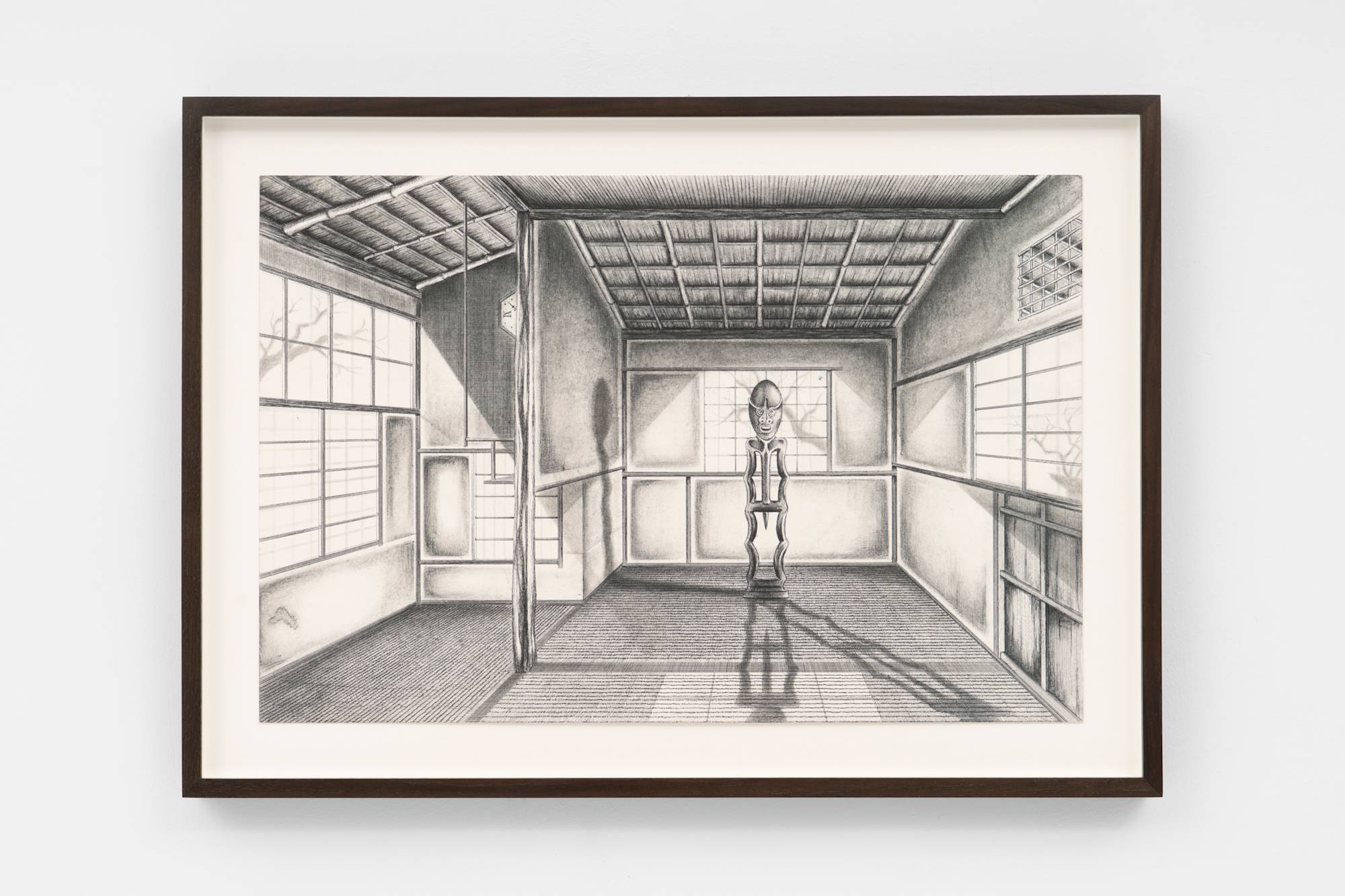 Image of a masked statue in an empty interior featuring Japanese architecture rendered in pen with crosshatching.