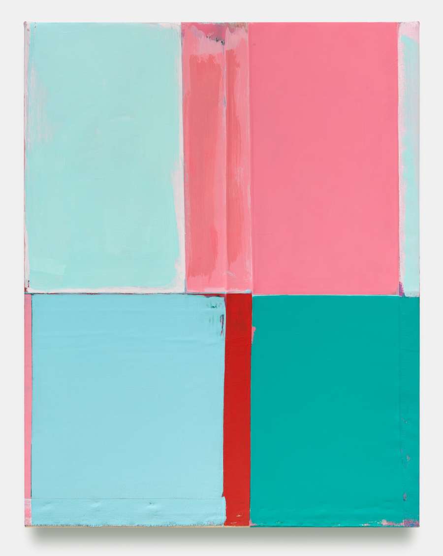 An abstract painting consisting of four dominant and separated blocks of color. The rectangular shapes are separated by creases or folds in the canvas. The most striking colors are shades of blue, green, red, and pink. The paint is thick. 