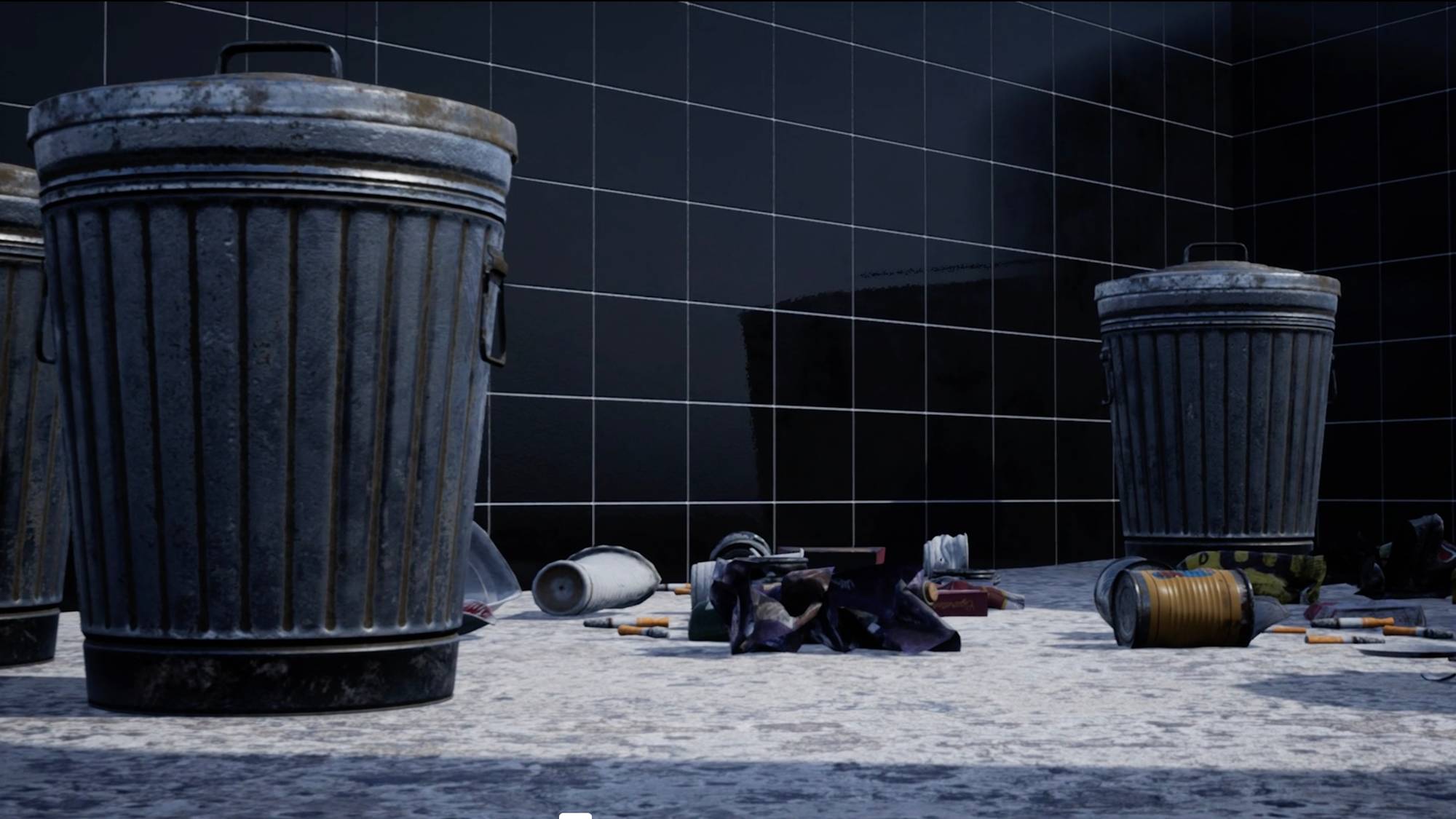 A screenshot from the film "MERCY". A CGI image of a room with concrete floor and black tiled walls. Three trash cans sit in the room and trash litters the ground.