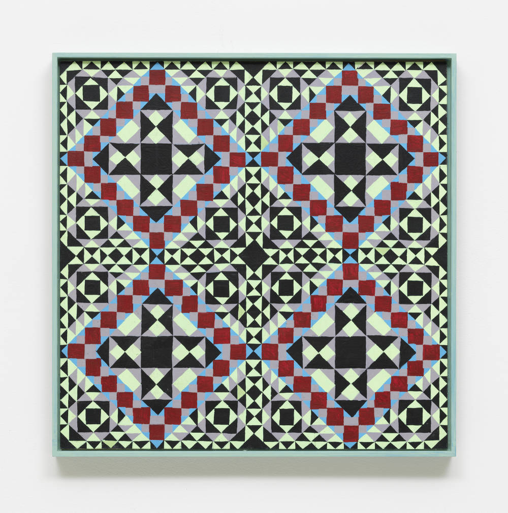 Painting by Matt Hoyt depicting a geometric quilt like pattern with man triangles and squares in various shades of teal, blue, red, black, and gray. 