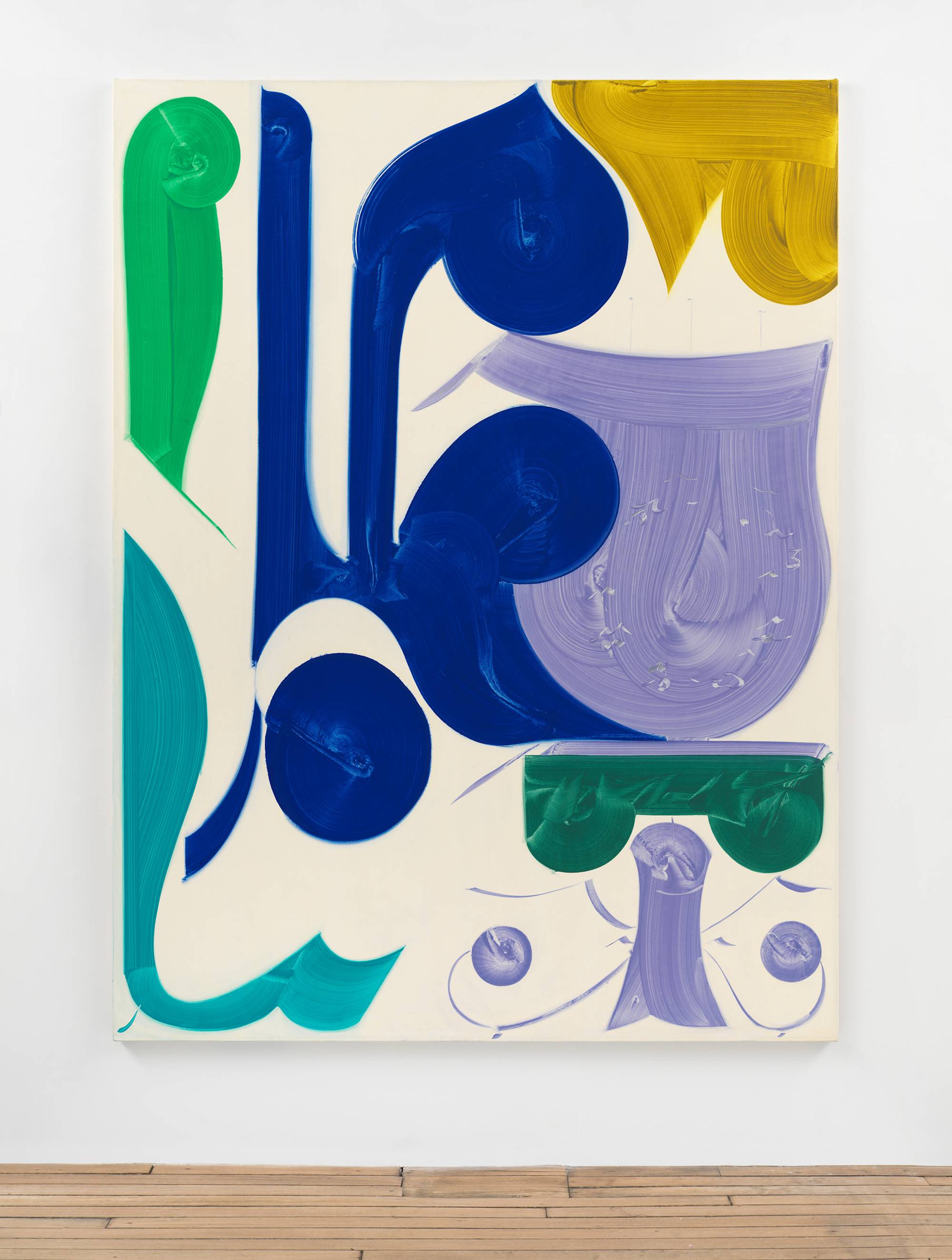 An abstract painting of large, curved shapes with visible brush strokes in blue, green, aqua, violet, and gold against a cream background, hangs on a white wall above a wood floor.