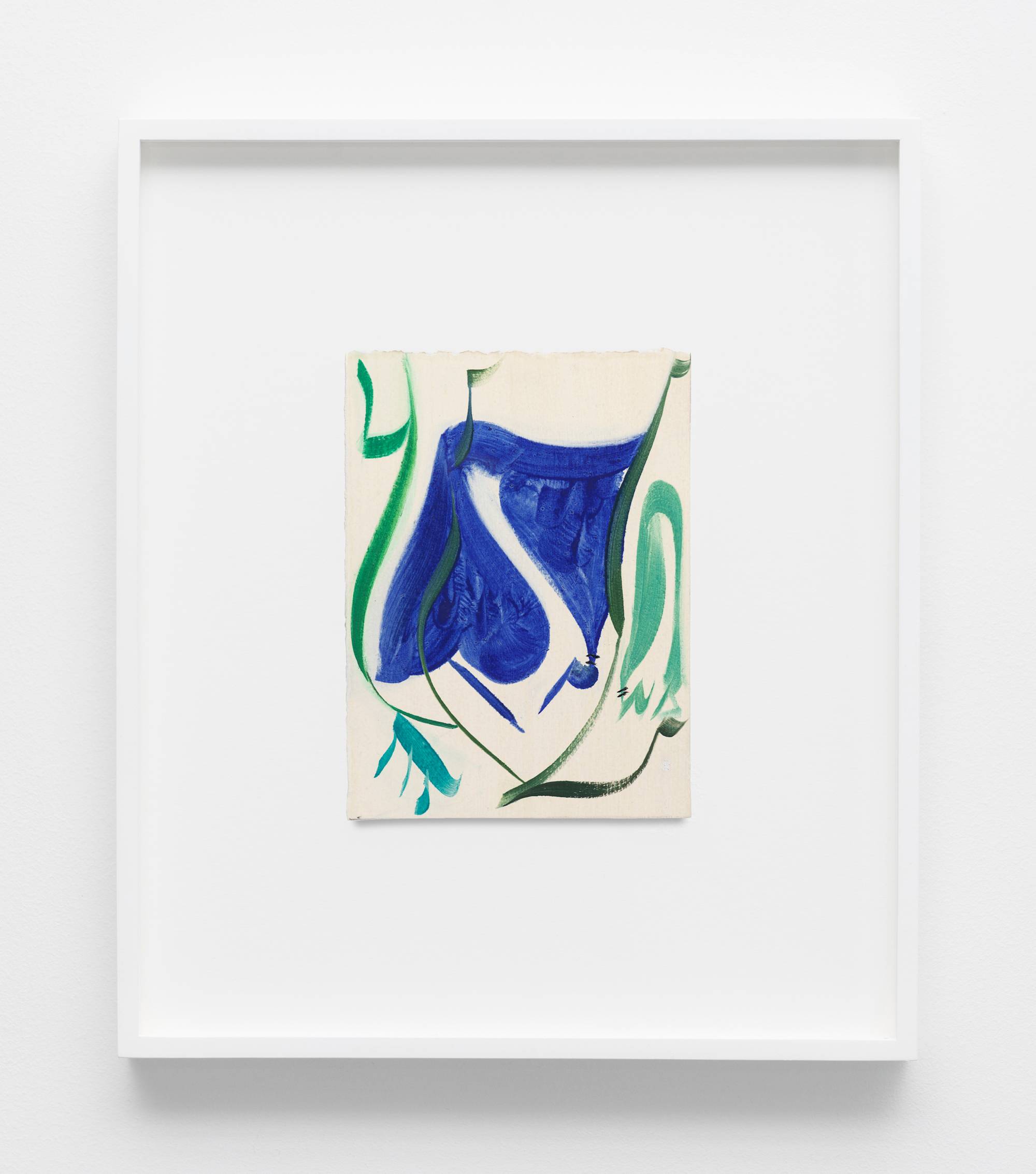 A small, abstract painting on paper in a white frame featuring curved shapes with visible brush strokes in blue, green, and aqua against a cream background.
