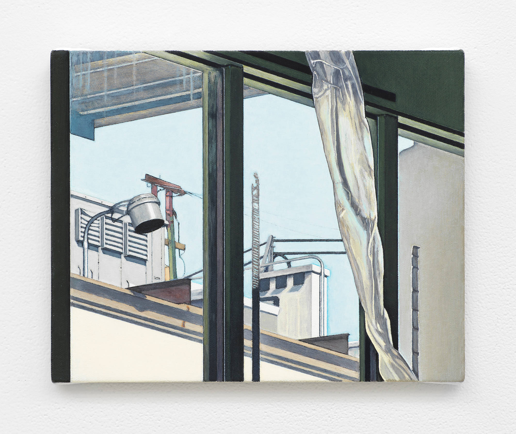 Image of a painting by Caleb Considine that depicts a view looking out the window of an art studio in Industry City. There are pipes and electrical wires visible on the roof of the building outside the window. A sheet of plastic hangs in front of the window.