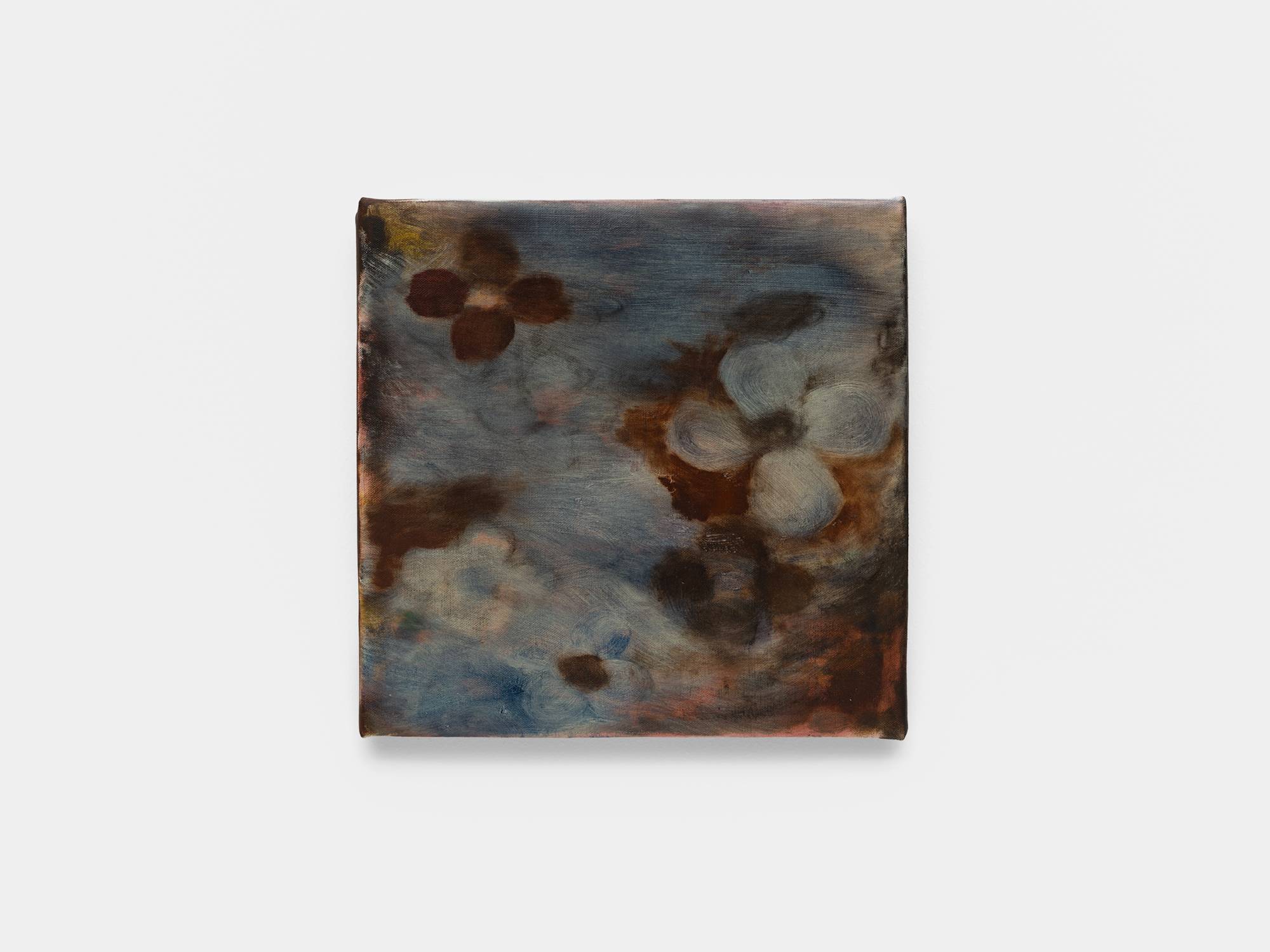 A small square abstract painting of flowers in hues of blue and brown.