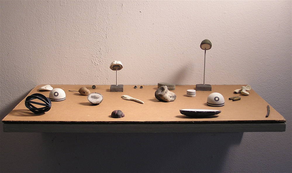 A brown wall-mounted shelf containing numerous miniature abstract sculptures resembling tools, shells, bones, or other organic material mounted to a white wall. 
