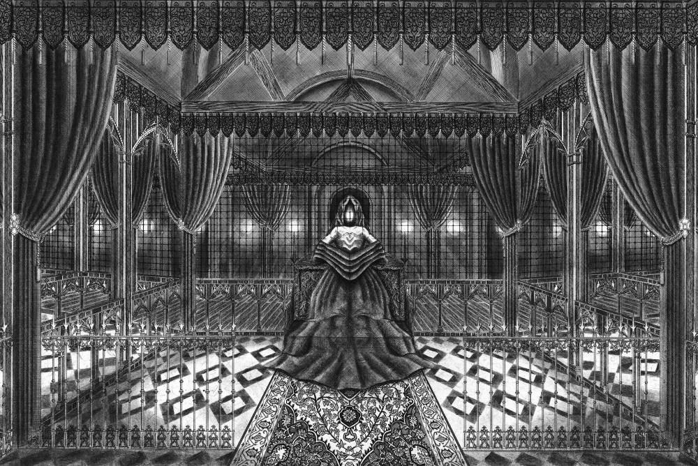 Image of a dark, heavily adorned gothic room with a central figure cloaked in a dress, rendered in pen and crosshatching. 