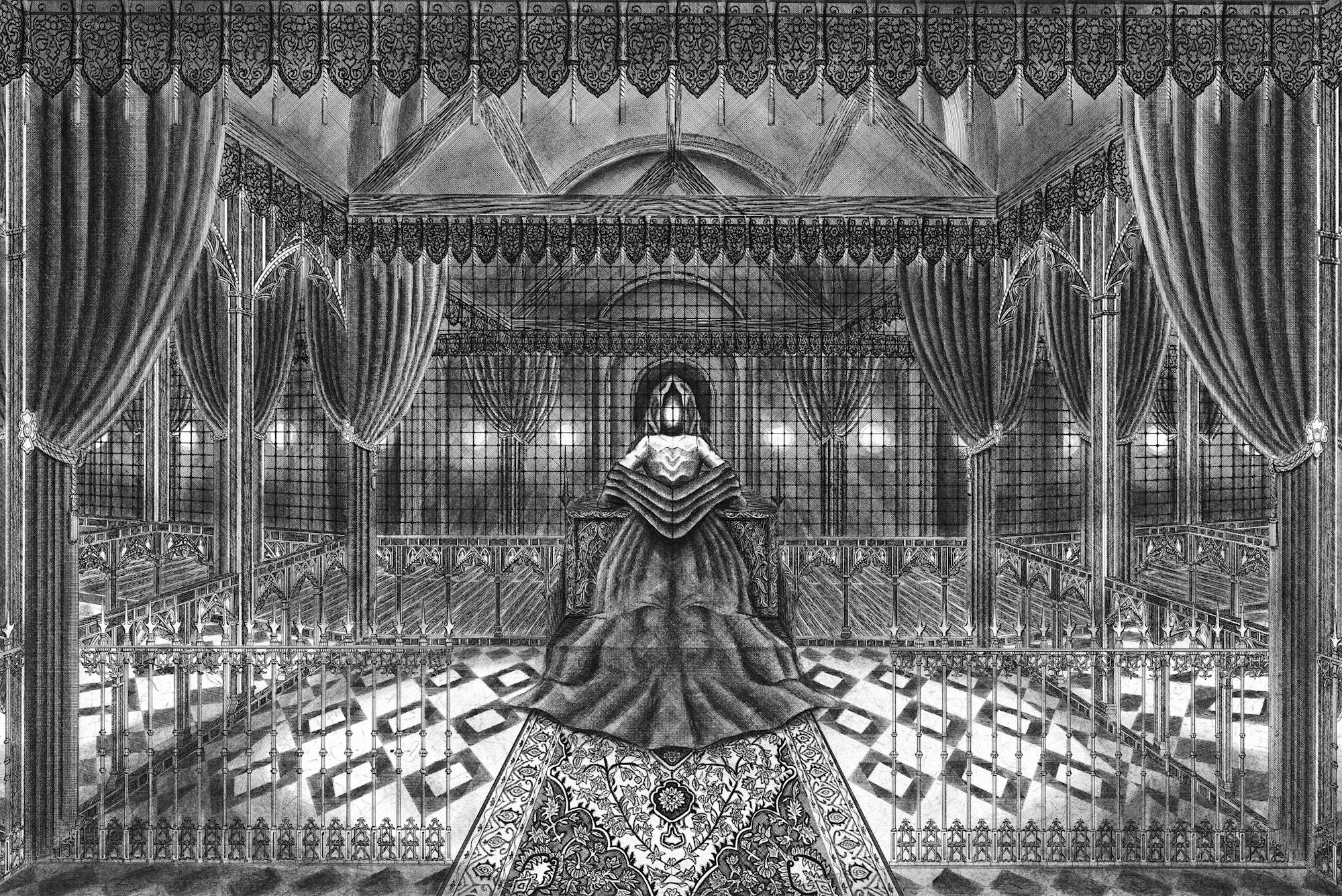 Image of a dark, heavily adorned gothic room with a central figure cloaked in a dress, rendered in pen and crosshatching.