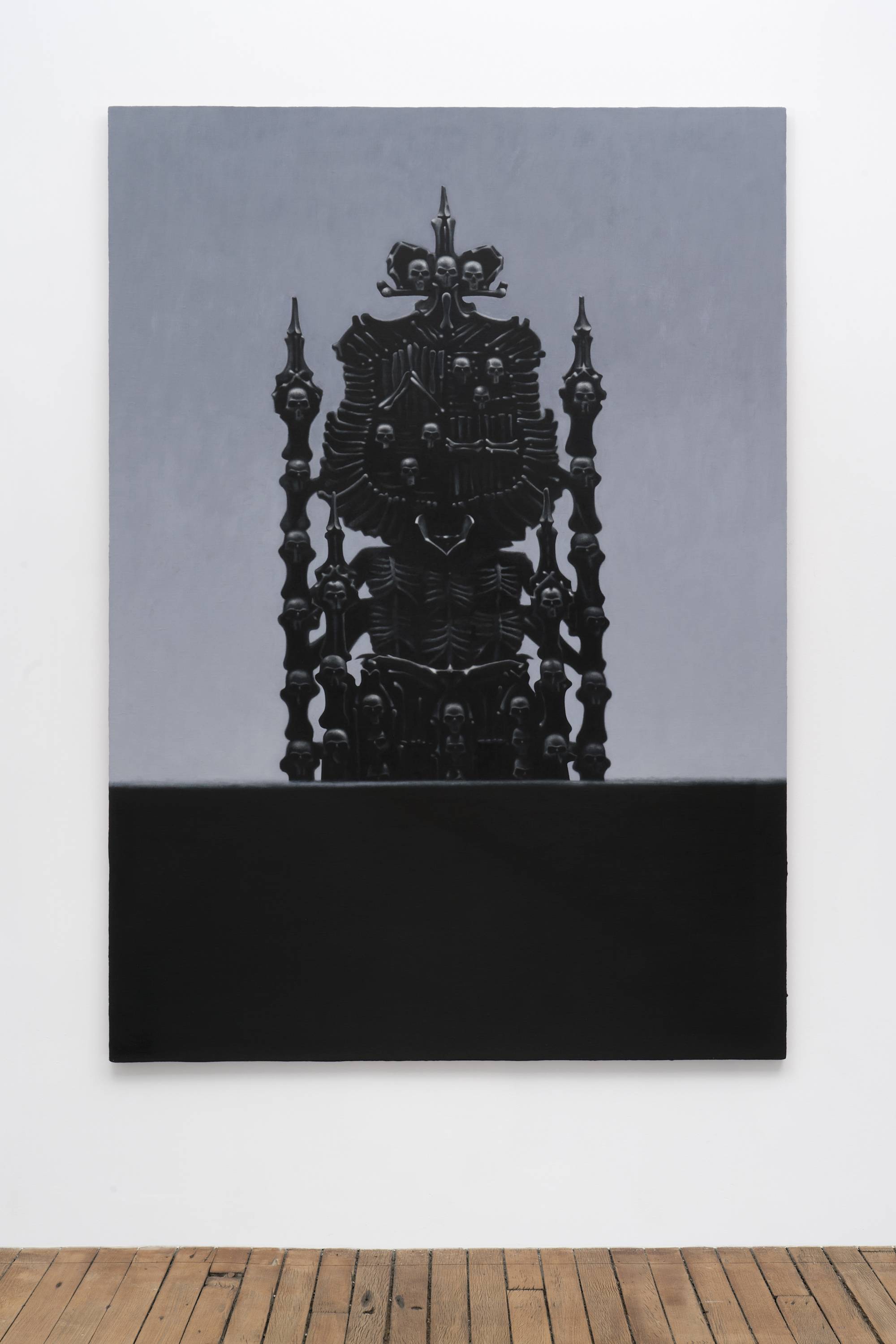Ian Miyamura painting depicting a throne of skulls against a light grey background and black foreground.