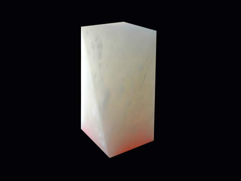 image of a white alabaster stone cut into a rectangular column with pink hue at the bottom, sitting on a blank black background.