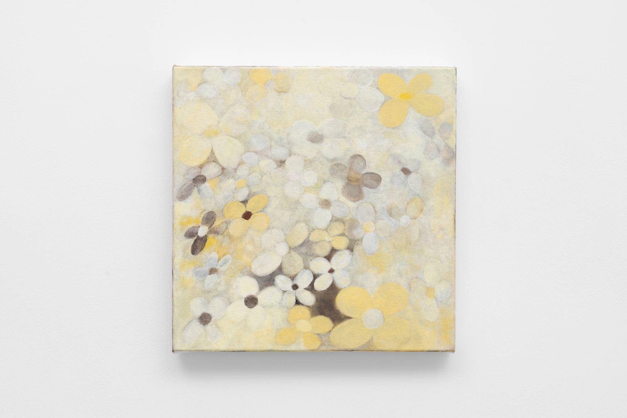 A small, abstract oil painting depicting flowers in hues of yellow, white, and brown.
