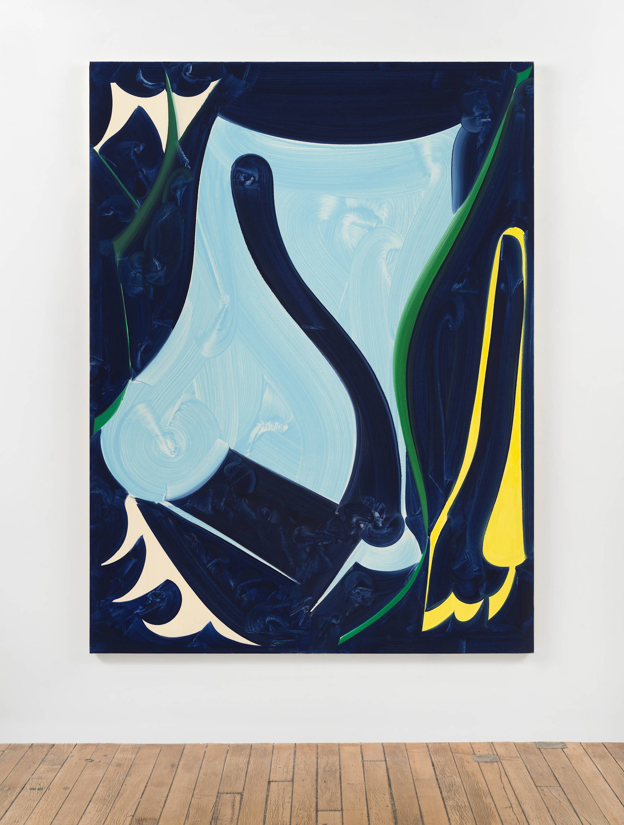 A painting of large, curved shapes in aqua, green, yellow, and white against a navy background, hangs on a white wall above a wood floor.
