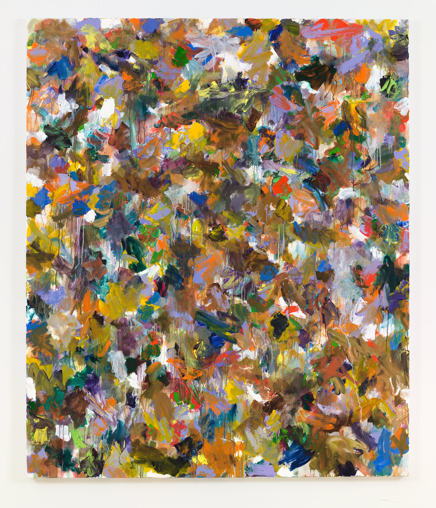 A large abstract painting with numerous swatches of color on top of one another. The paint is applied in thin layers and in some areas is dripping.