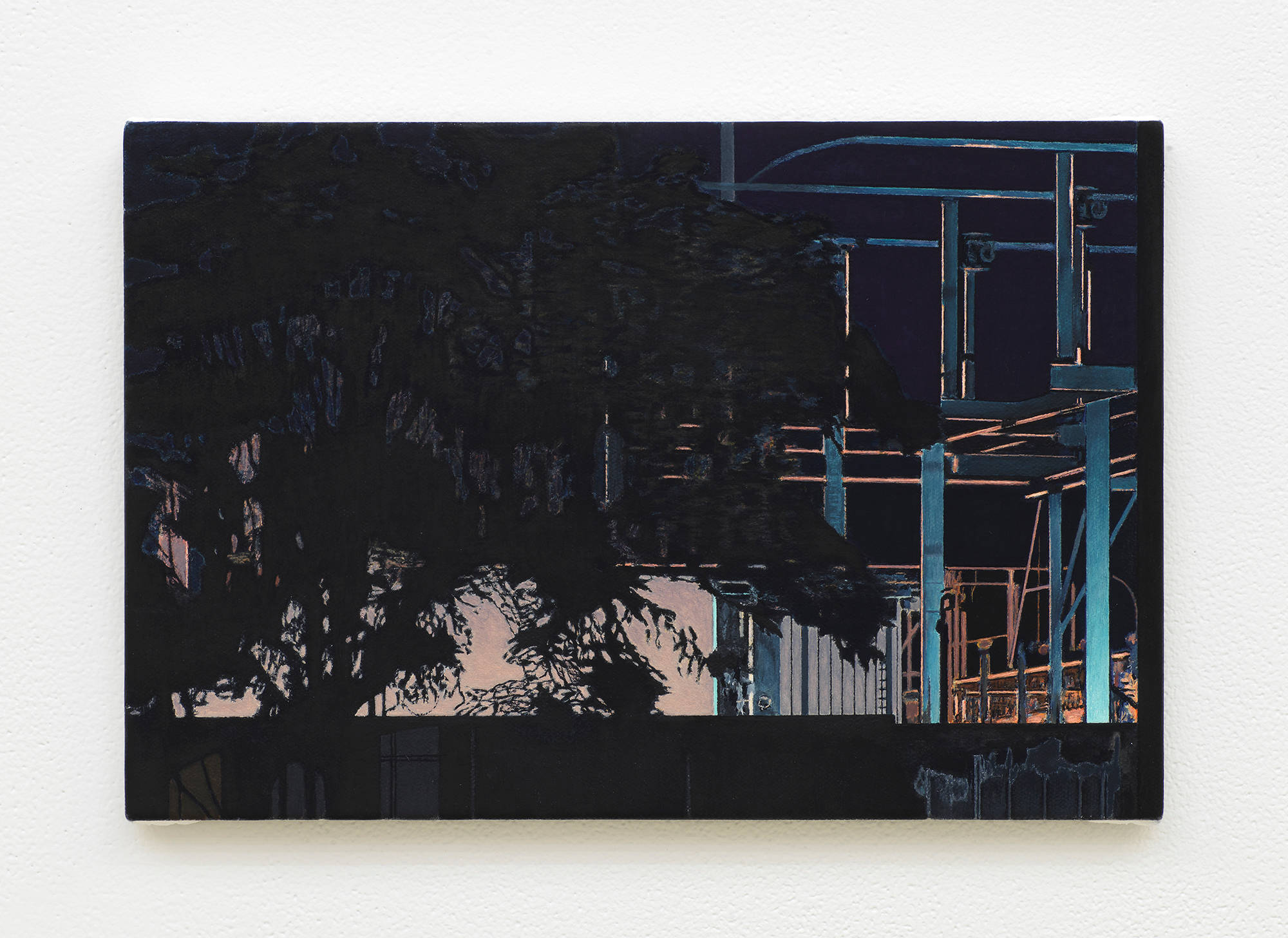 Image of a painting by Caleb Considine that depicts a power station at night, with a tree in silhouette in front of the station.