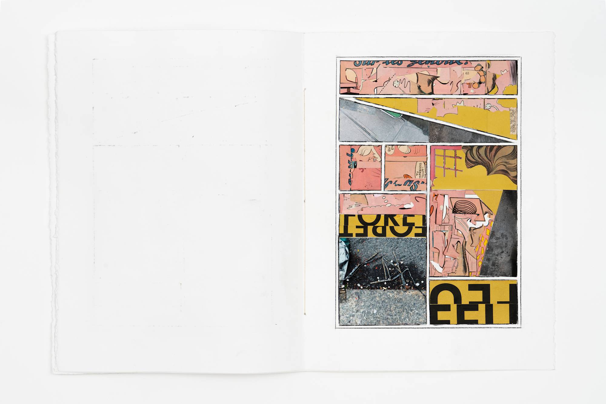 Photographed from above, an artist book spread open to a page containing a series of colored pencil drawings, collaged comic books graphics, and slivers of photographs.