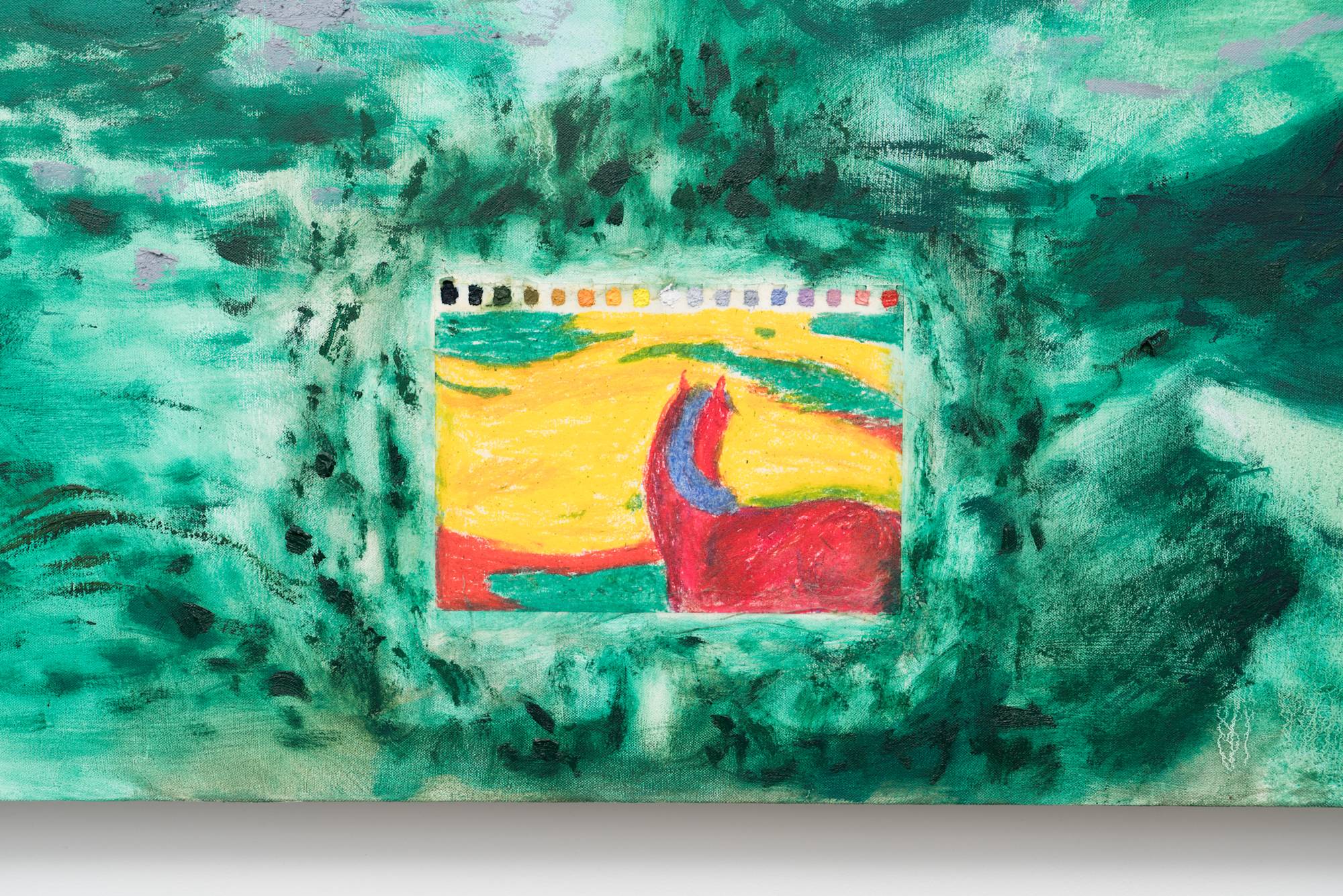 Detail of a large green abstract painting depicts two vertical seascapes. The right side being the darker of the two. At the center of the bottom of the frame, a page from a notebook with a colorful drawing of a horse looking off into a distant landscape is pasted to the canvas.