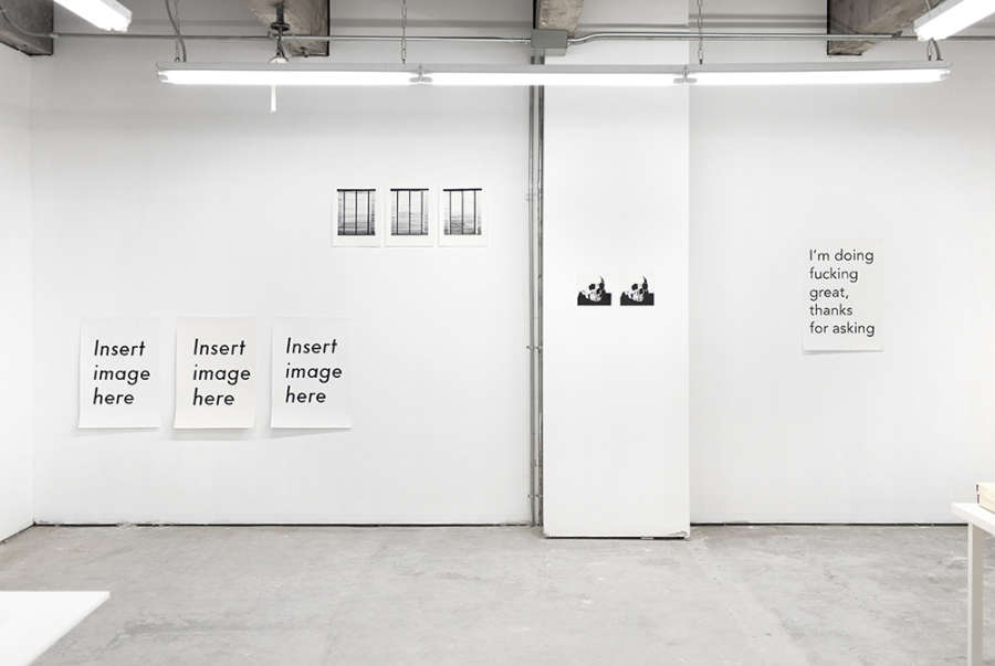 Installation view of several drawings pinned to the wall of a white room. Three drawings in succession on the left each say "Insert image here." Three drawings to the right of that depict the same image of window blinds. To the right of this are two identical drawings of skulls. Finally next to that is a drawing that says "I'm doing fucking great, thanks for asking."