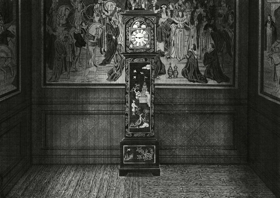 Black and white pen and graphite drawing by Kyung-Me rendered in perspective, showing a dramatically lit room with three walls covered in an intricate wallpaper. There is a large grandfather clock standing against the wall in the center of the drawing with a decorative adornment on it.
