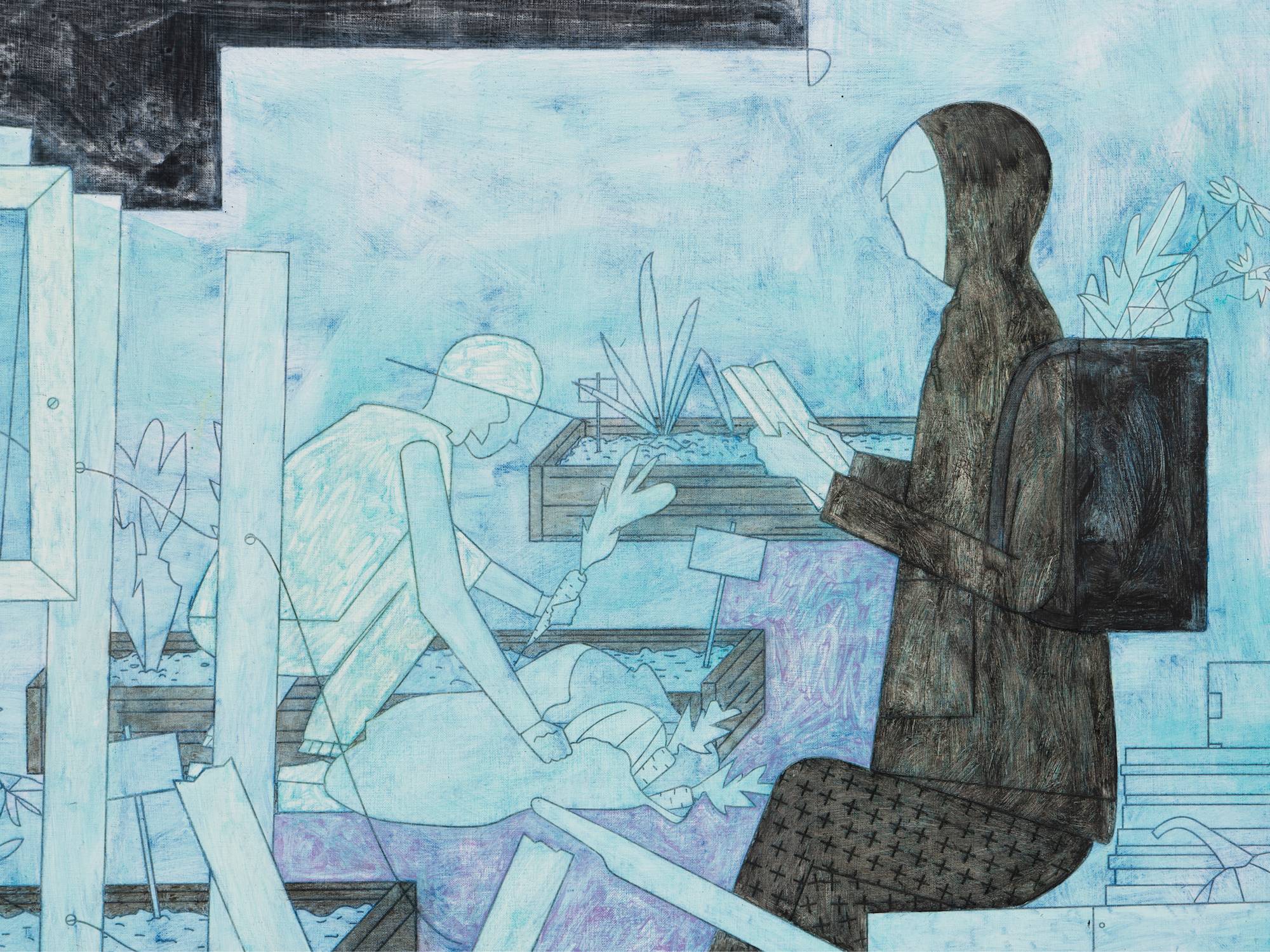 Detail of a figurative painting of two characters looting a public garden and little library. The painting utilizes stencils for thin line work and brushy hues of purple, blue, and black for the color.