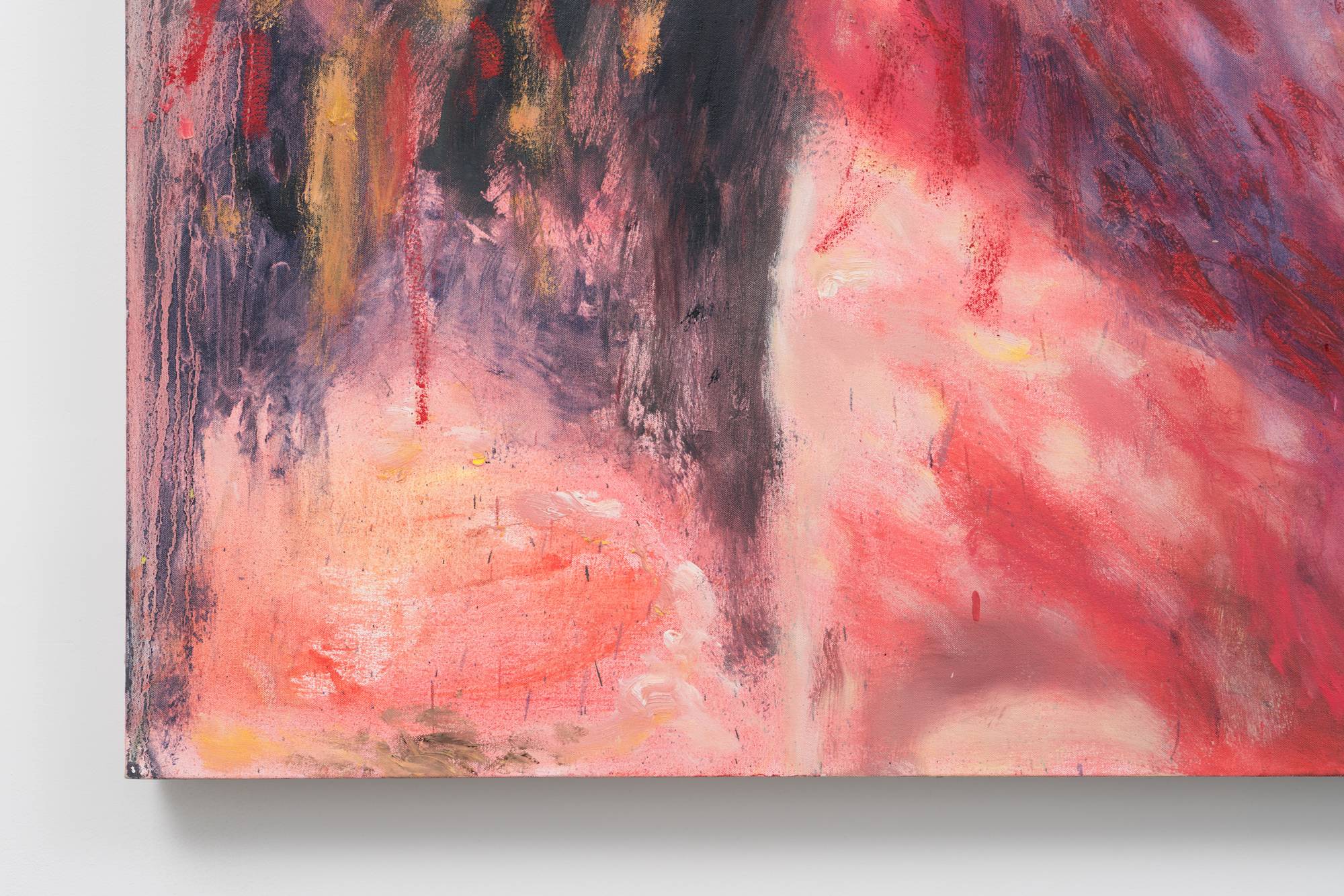 Detail of a large, abstract oil painting of a coiled dragon in hues of gold, crimson, and navy.