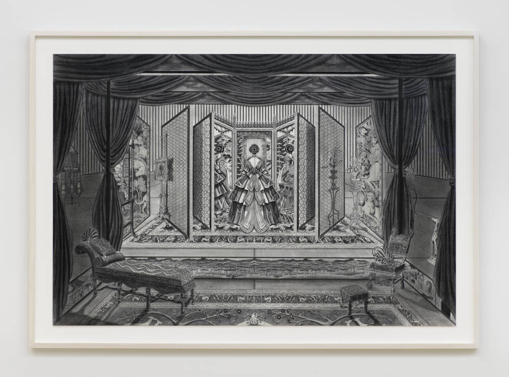 A detailed ink and charcoal drawing depicting a complex interior space with multiple rooms in a white frame.