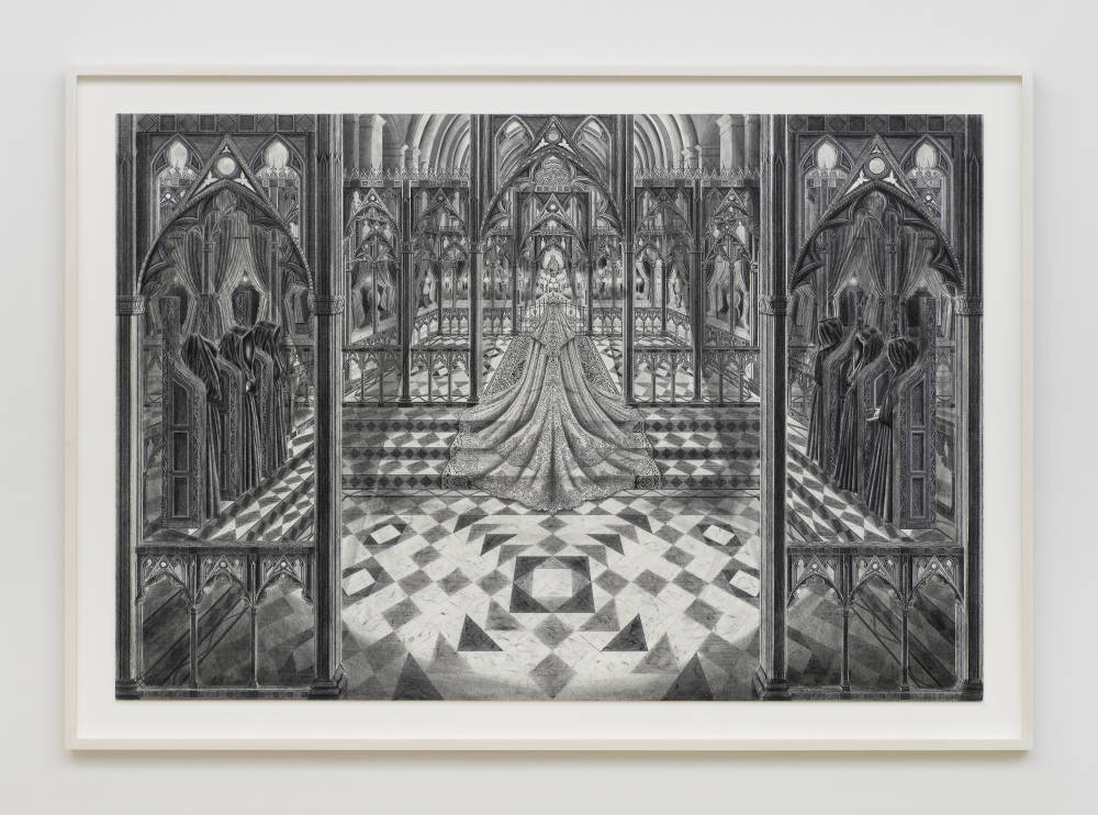 A detailed ink and charcoal drawing depicting a complex interior space with multiple rooms in a white frame.