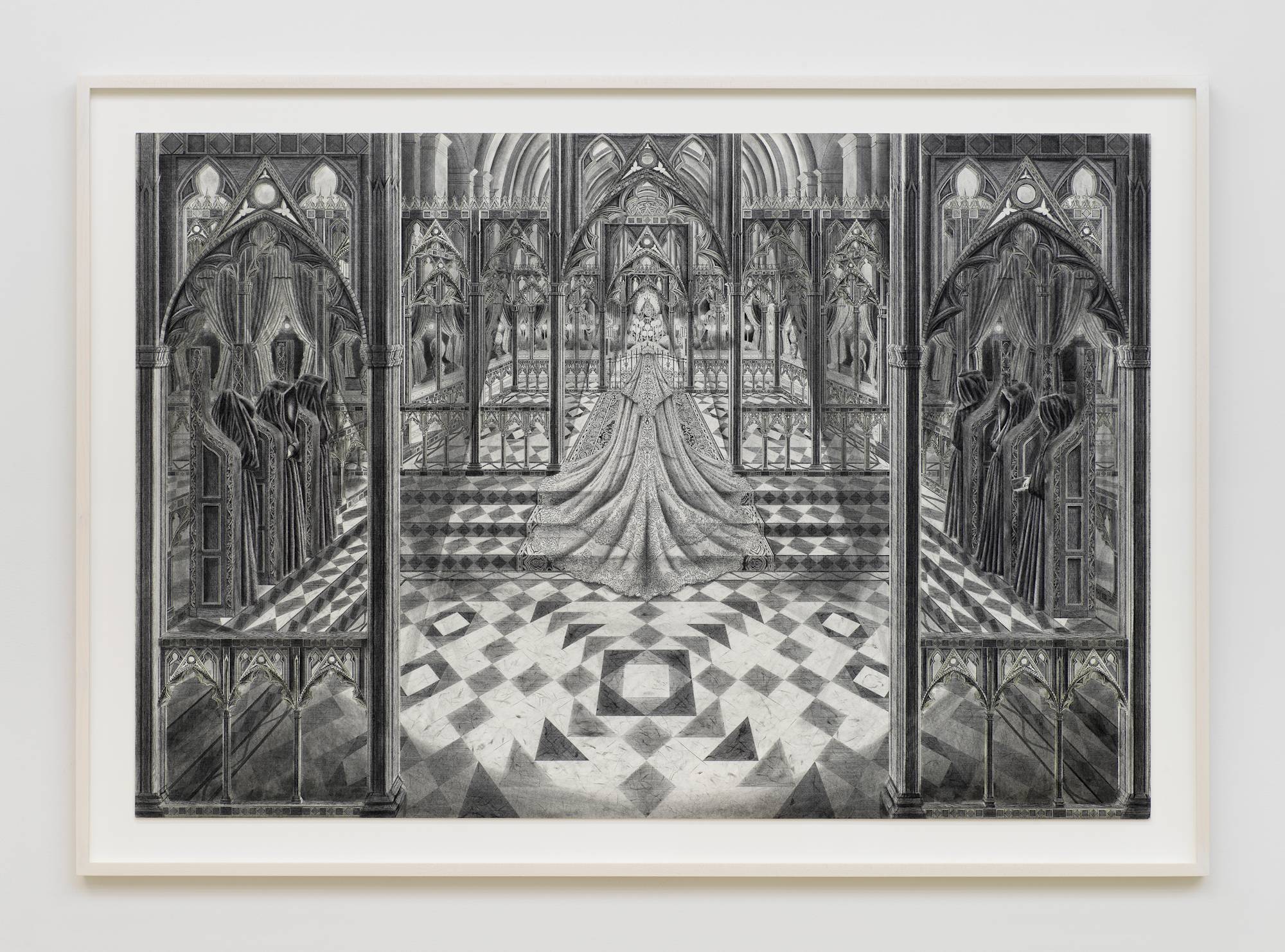 A detailed ink and charcoal drawing depicting a complex interior space with multiple rooms in a white frame.