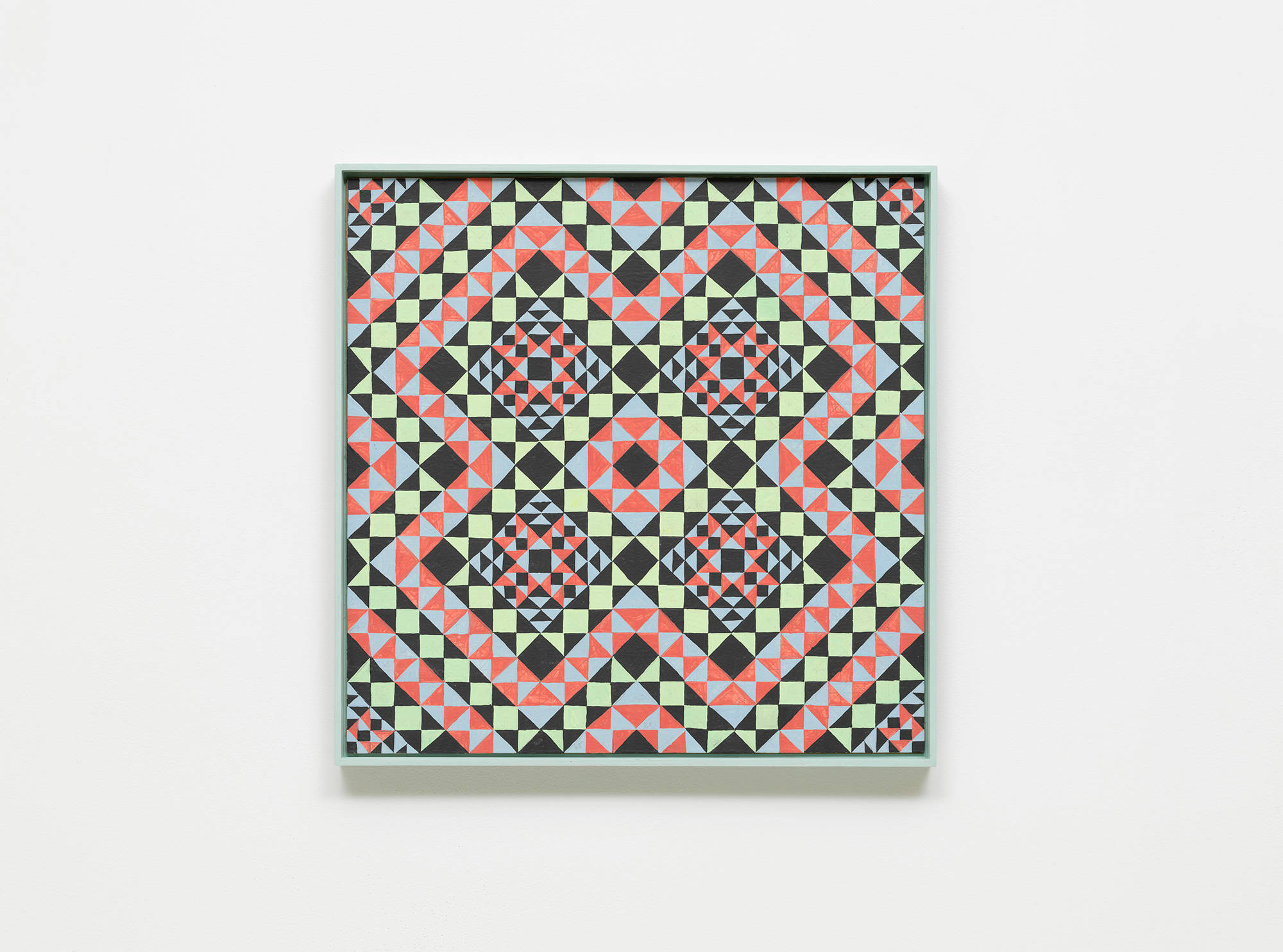A colorful, intricate grid painting installed on a white wall.