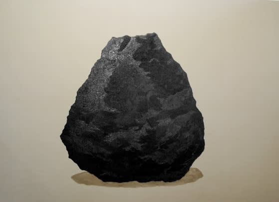 Image of a painting on raw linen by Daniel Lefcourt of a black rock painted with rough textured strokes.