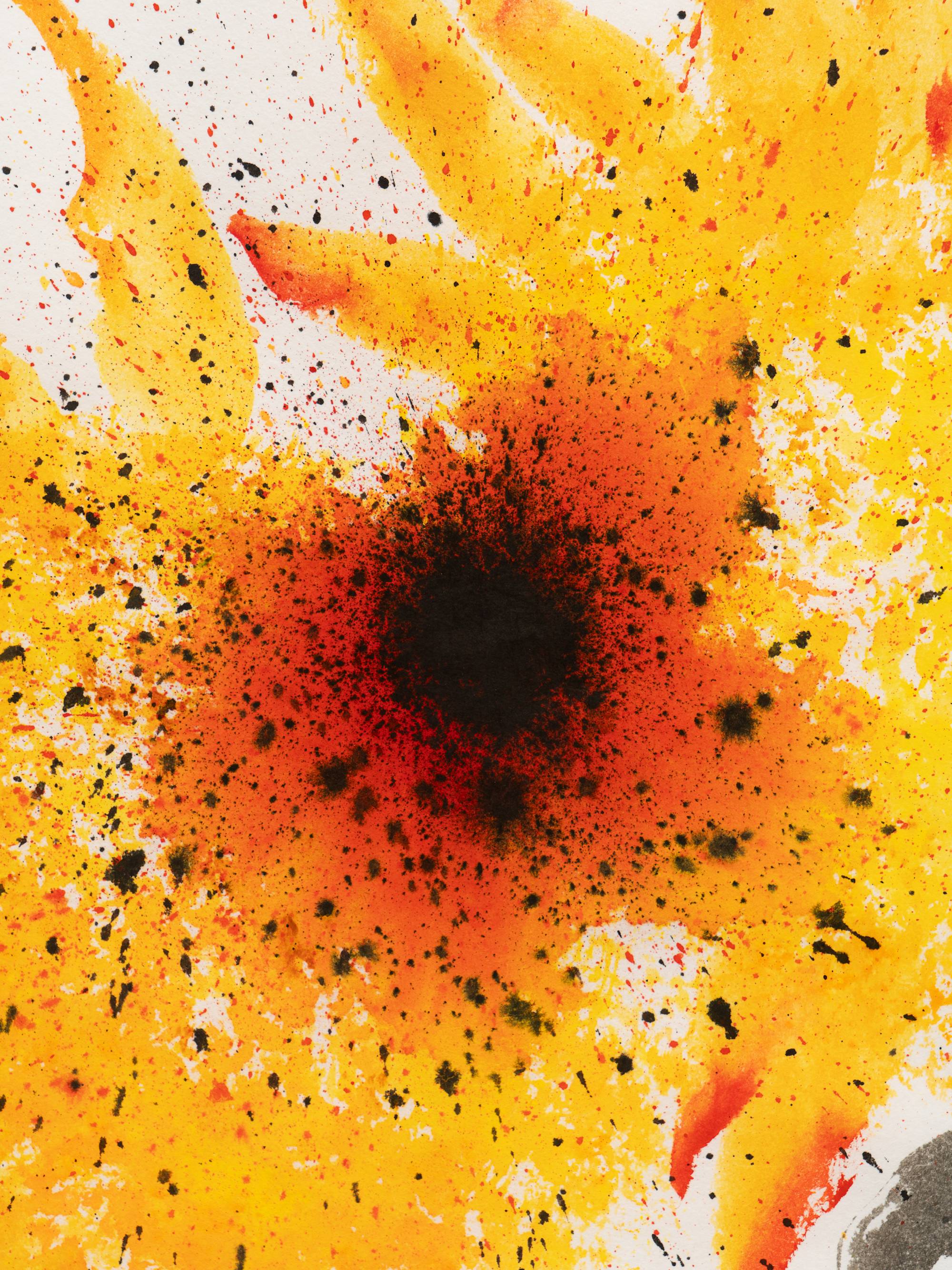 A close up shot of an ink painting on white paper, depicting two yellow-orange sunflowers with and black leaves. A dark orange and brown center unites the two sunflowers. This close-up focuses on the heads of the two sunflowers and their joining, with some black leaves visible around the bottom perimeter.