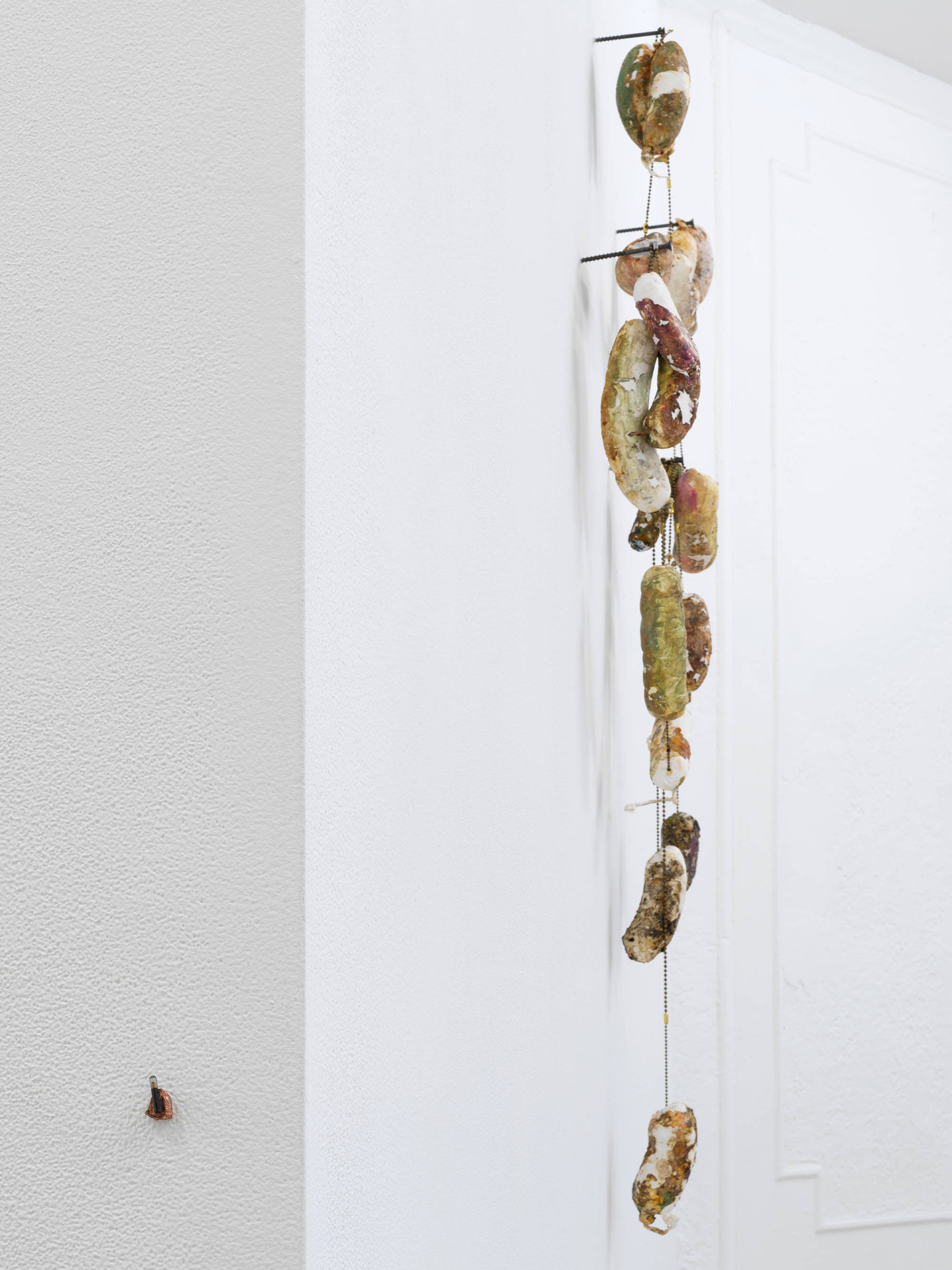 In a gallery space, a side view of many sausage links arranged in an irregular pattern hanging from nails.