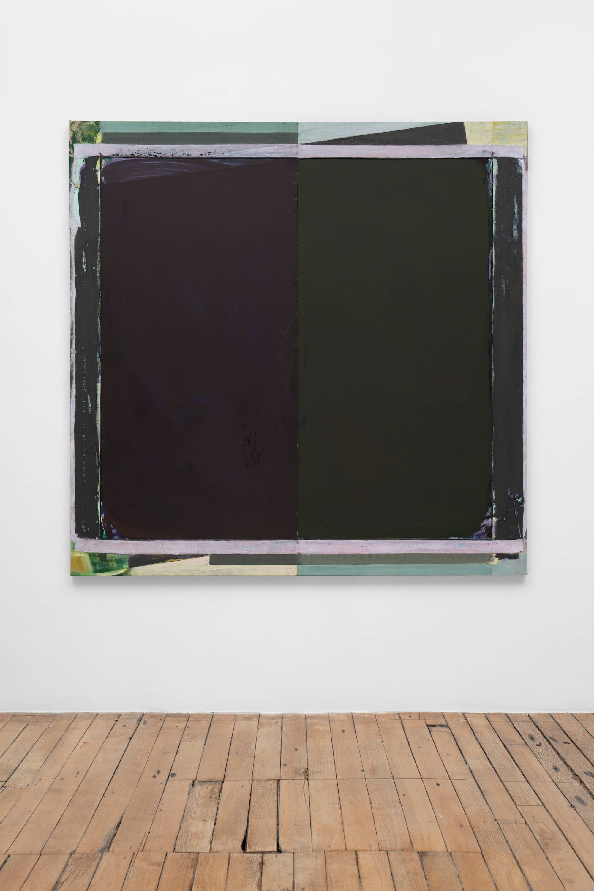 A large, geometric, abstract painting by Julia Rommel in hues of black, purple, green, and blue, hangs above the wood floor in a gallery.