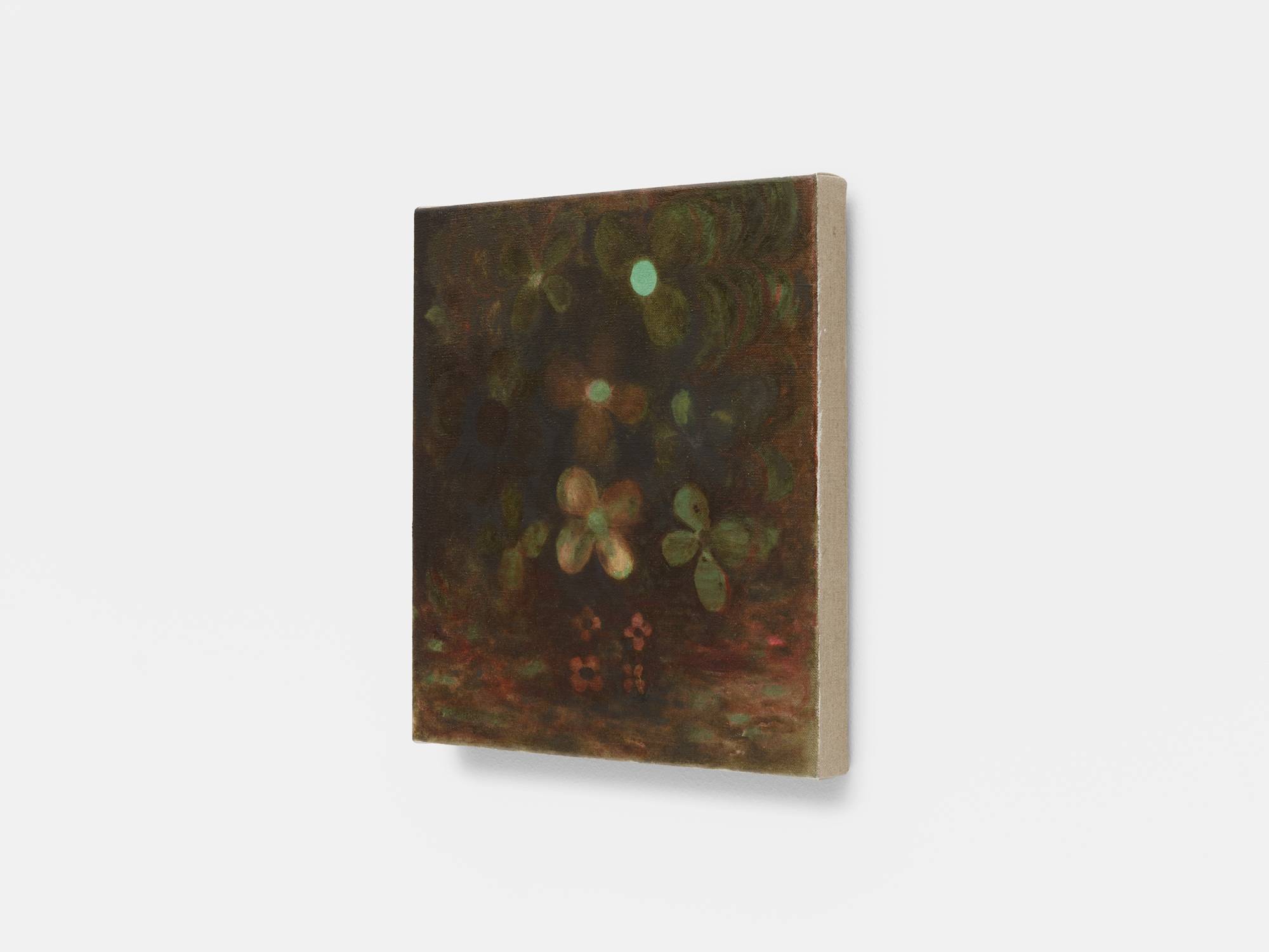 Side angle view of a small square abstract painting of flowers in hues of brown, green, and red.