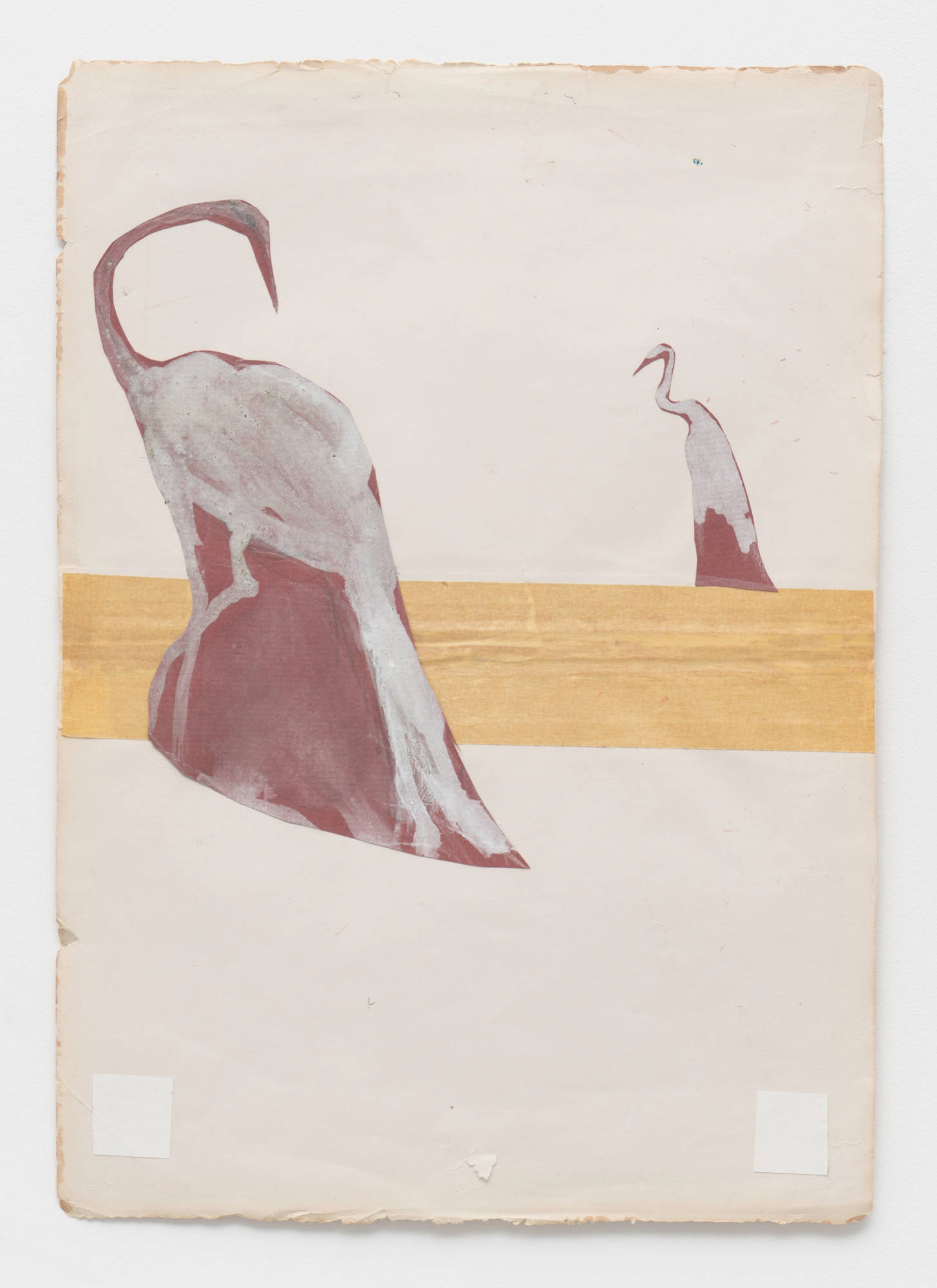 Two off white sheets of paper are taped together with yellow paper tape to create a vertical composition. Two white birds against dark red backdrops are cut out and mounted to the back ground.