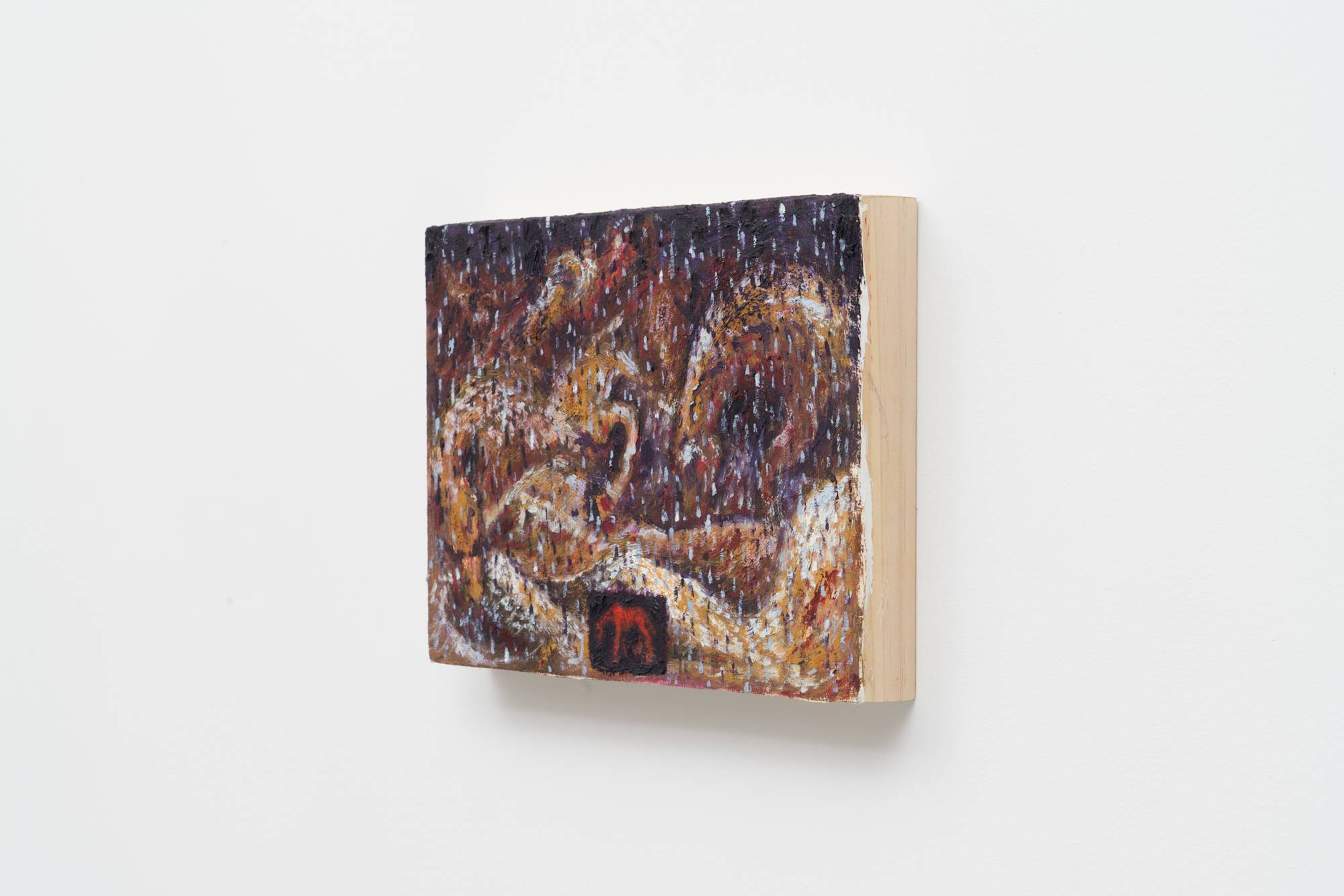 Side view of a small abstract painting of golden horses fading in and out of a rainy purple background. At the center of the bottom of the frame, a red horse stands in a small black square.