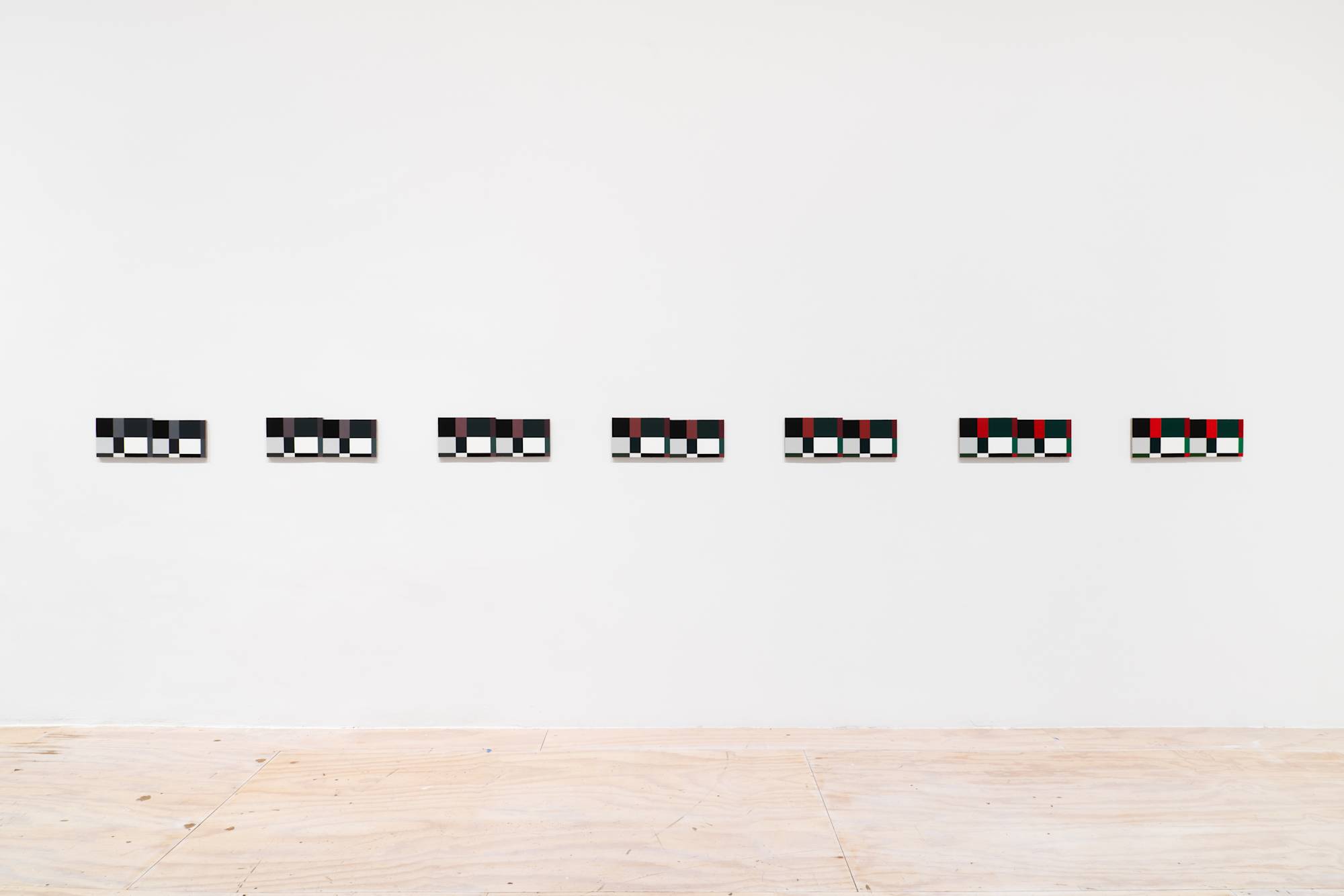 saturation exercise, 2026, Oil on linen over panel, 7 panels: 7 ⅝ × 11 ⅛ in. (19.37 × 28.26 cm),
7 panels: 7 ¼ × 10 ⅜ in. (18.42 × 26.35 cm), Dimensions variable