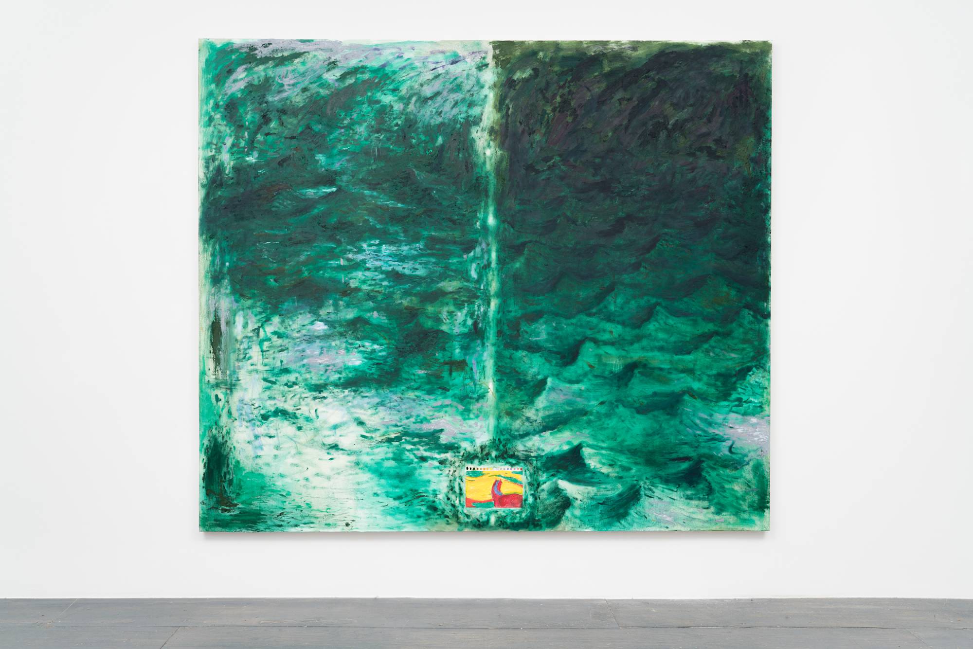 A large green abstract painting depicts two vertical seascapes. The right side being the darker of the two. At the center of the bottom of the frame, a page from a notebook with a colorful drawing of a horse looking off into a distant landscape is pasted to the canvas.
