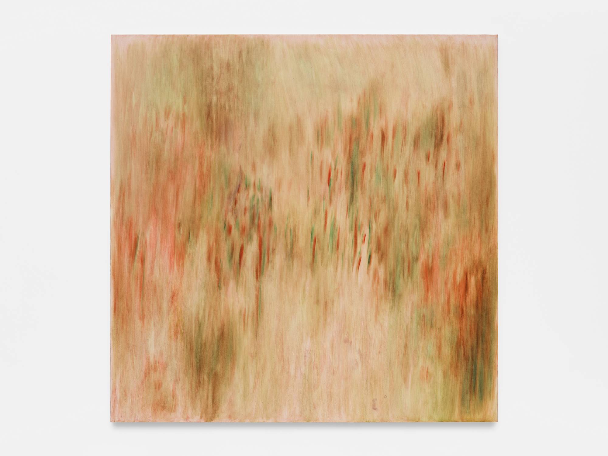 A large square abstract painting with a brushy yellow and pink underpainting with red, and green accents.