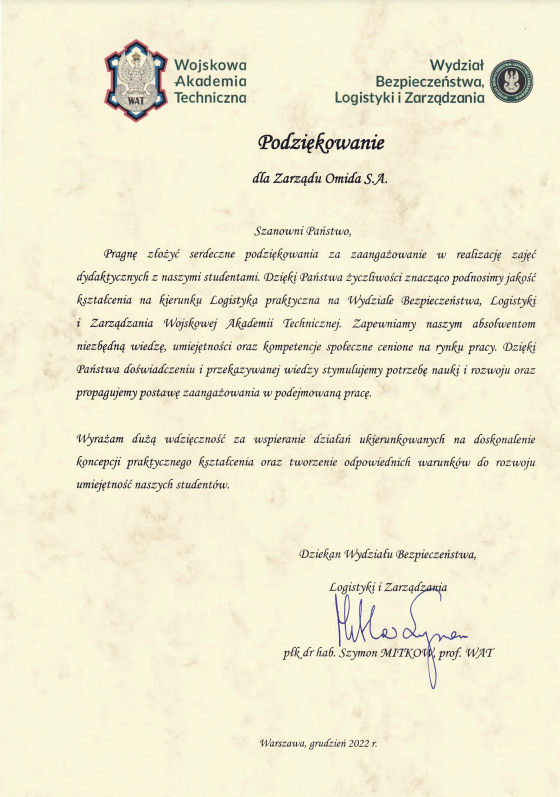 Podziękowania od Wojskowej Akademii Technicznej | Omida VLS