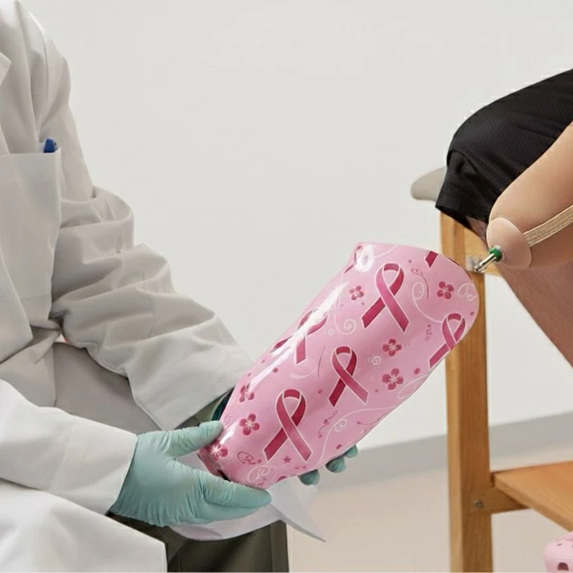 Una pierna protésica personalizada con un diseño de cinta de Concientización sobre el Cáncer de Mama