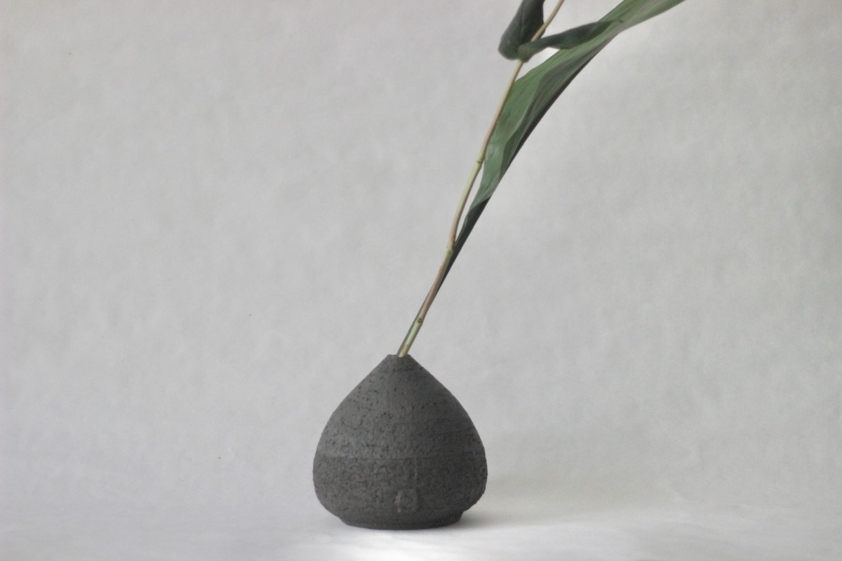 black hazelnut shape ceramic vase with plant on a gray background