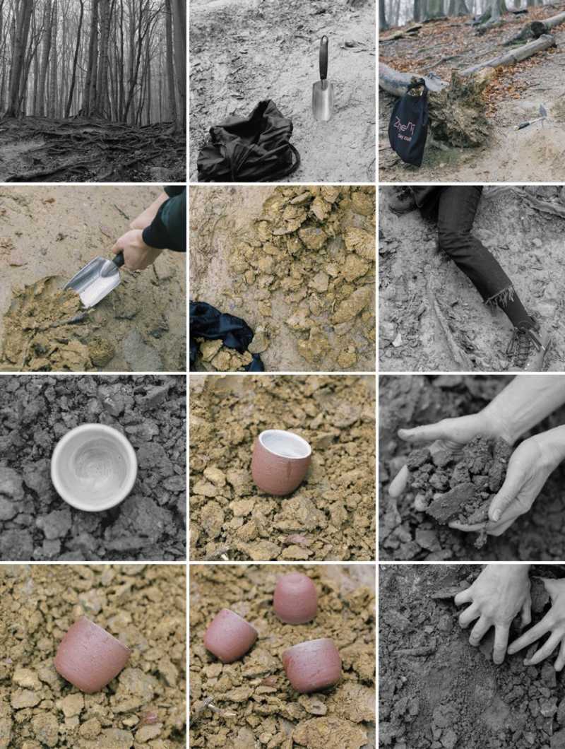 collage of twelve coloured and black and white photos showing ground, forest, hands and ceramic cups