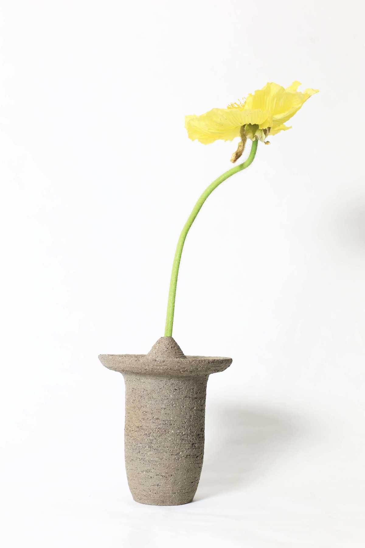 Ufo shaped gray ceramic vase with a yellow flower on a white background 3